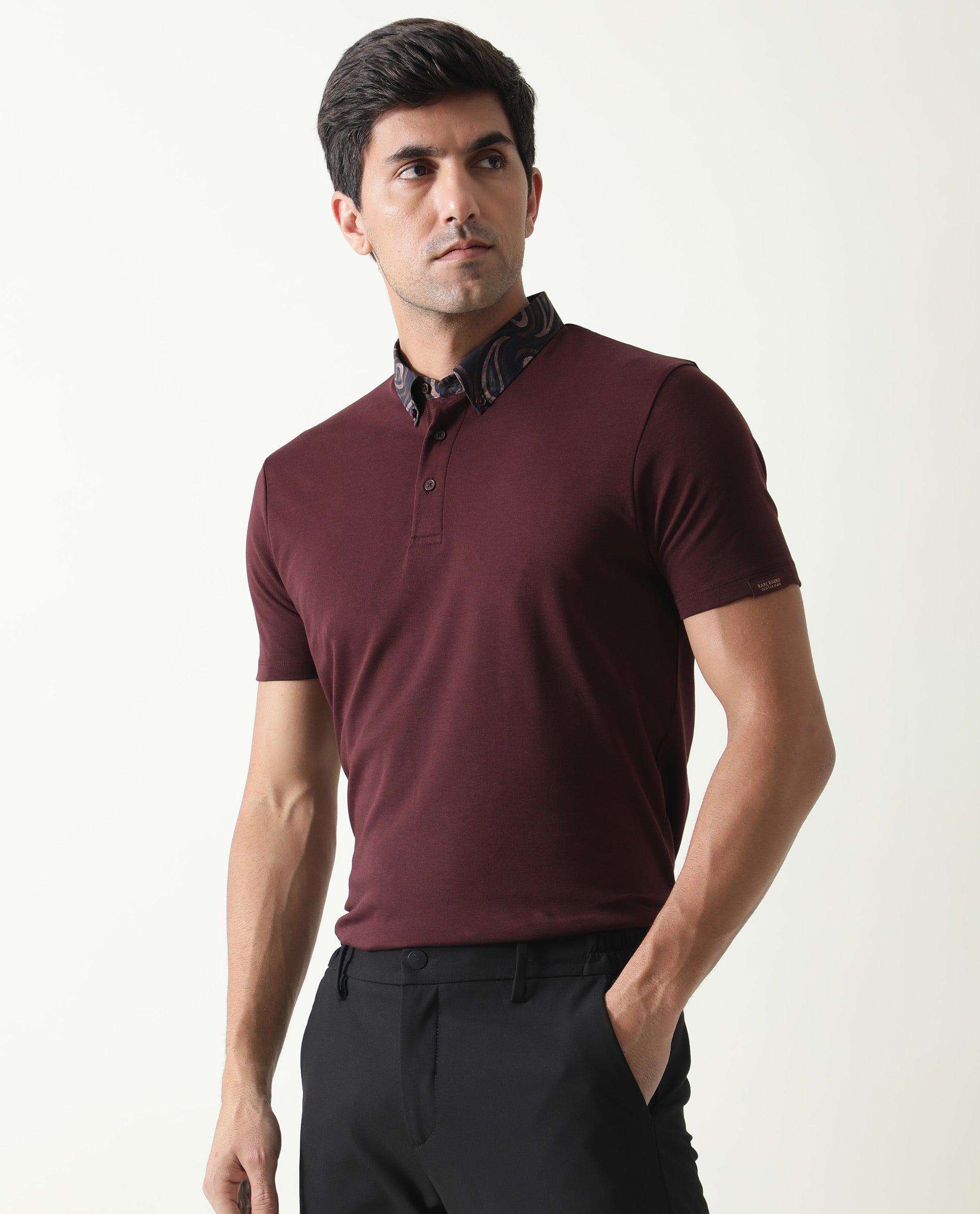 RARE RABBIT MEN'S RINGERS MAROON POLO COTTON FABRIC COLLARED NECK HALF SLEEVES BUTTON CLOSURE