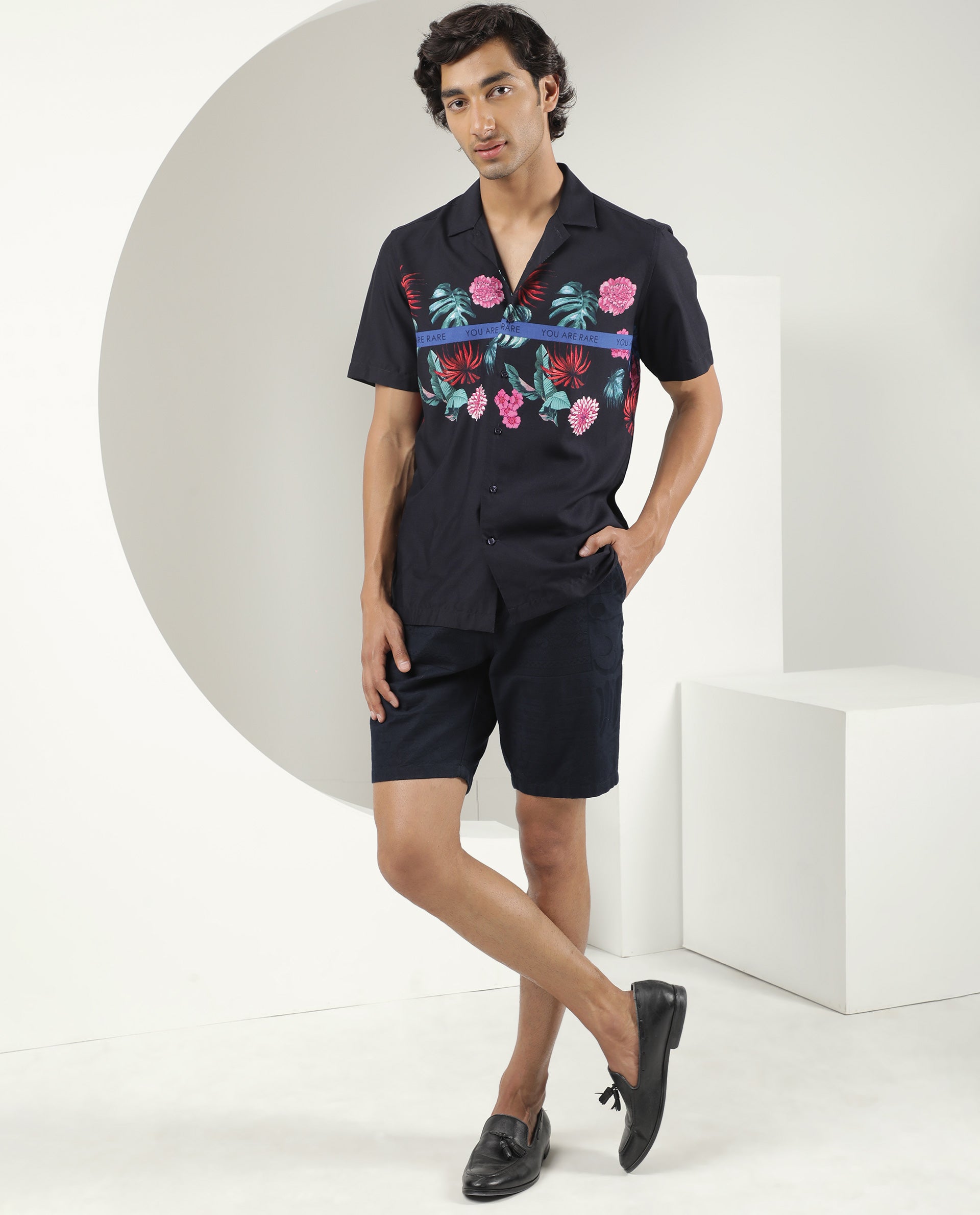Rare Rabbit Men's Tropic Navy Viscose Fabric Cuban Collar Floral Print Half Sleeves Shirt