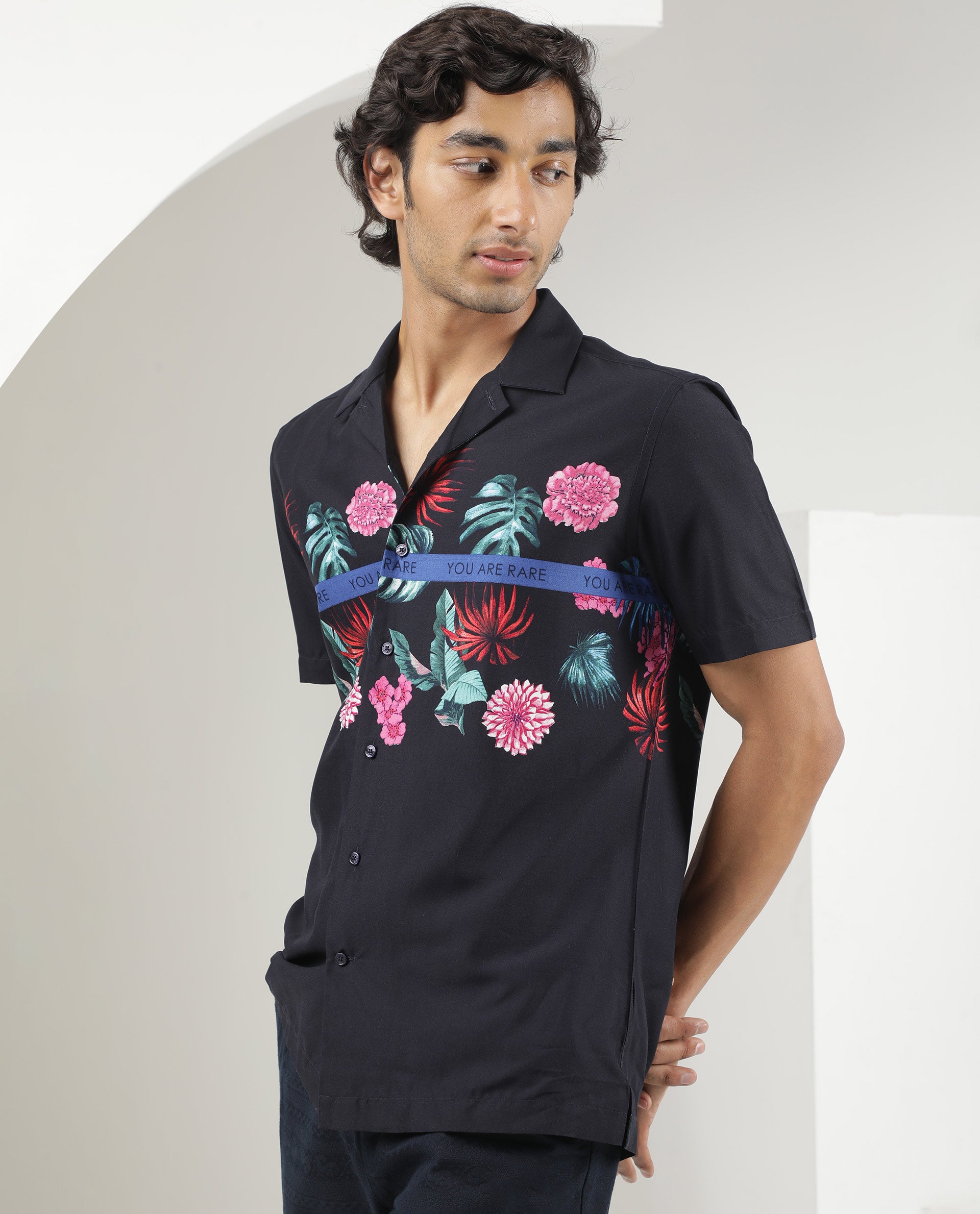 Rare Rabbit Men's Tropic Navy Viscose Fabric Cuban Collar Floral Print Half Sleeves Shirt