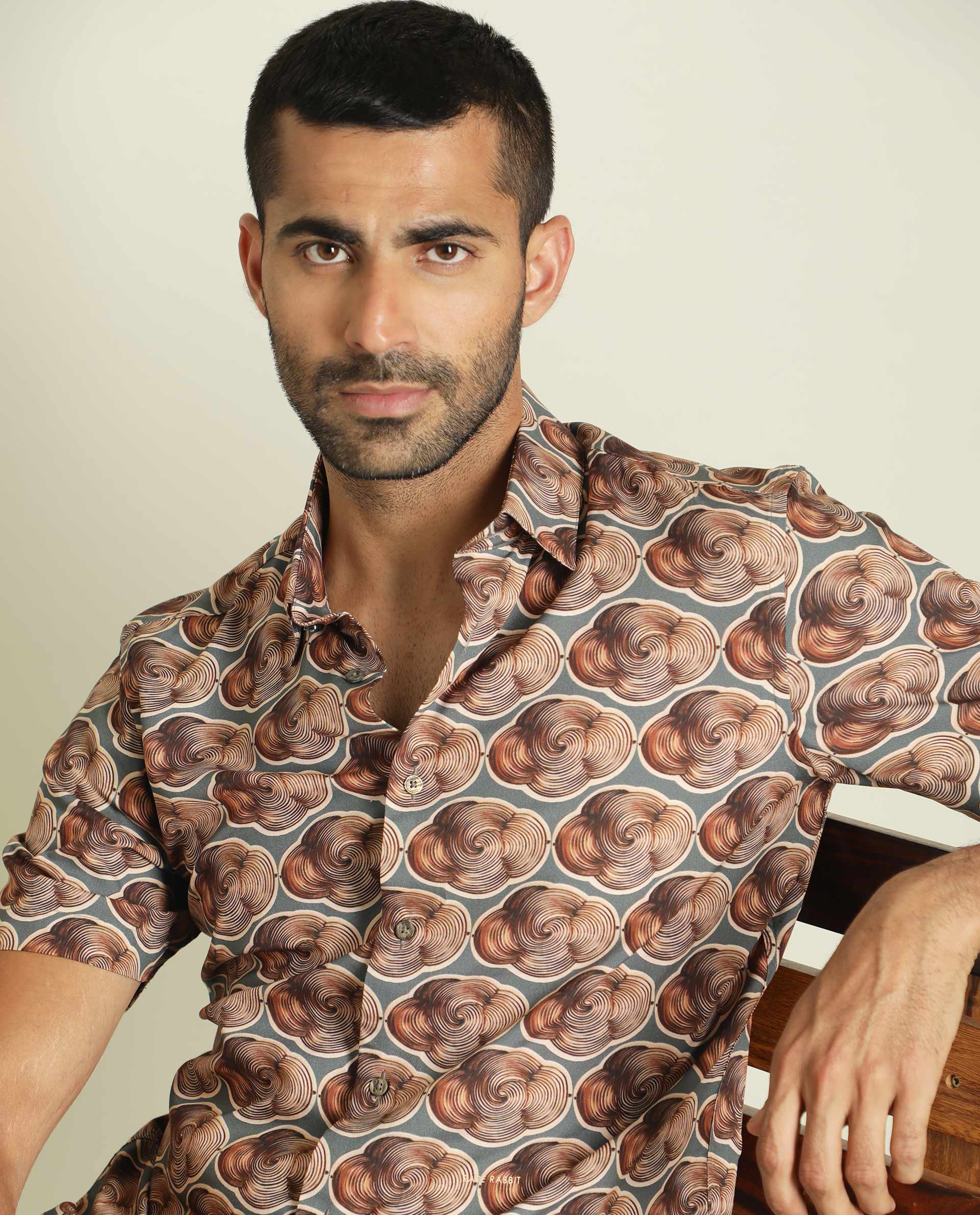 Rare Rabbit Men's Tymon Ss Grey Viscose Fabric Abstract Print Half Sleeves Shirt