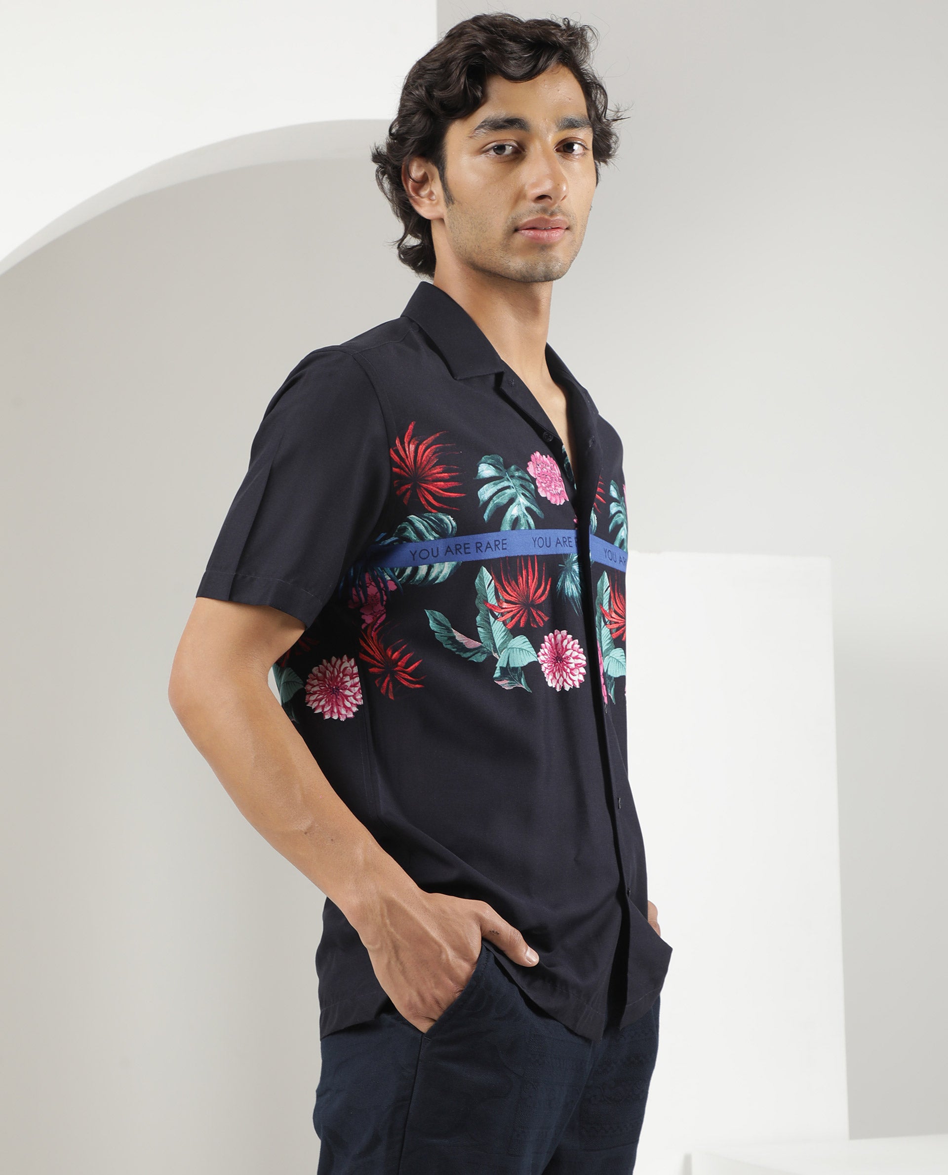 Rare Rabbit Men's Tropic Navy Viscose Fabric Cuban Collar Floral Print Half Sleeves Shirt
