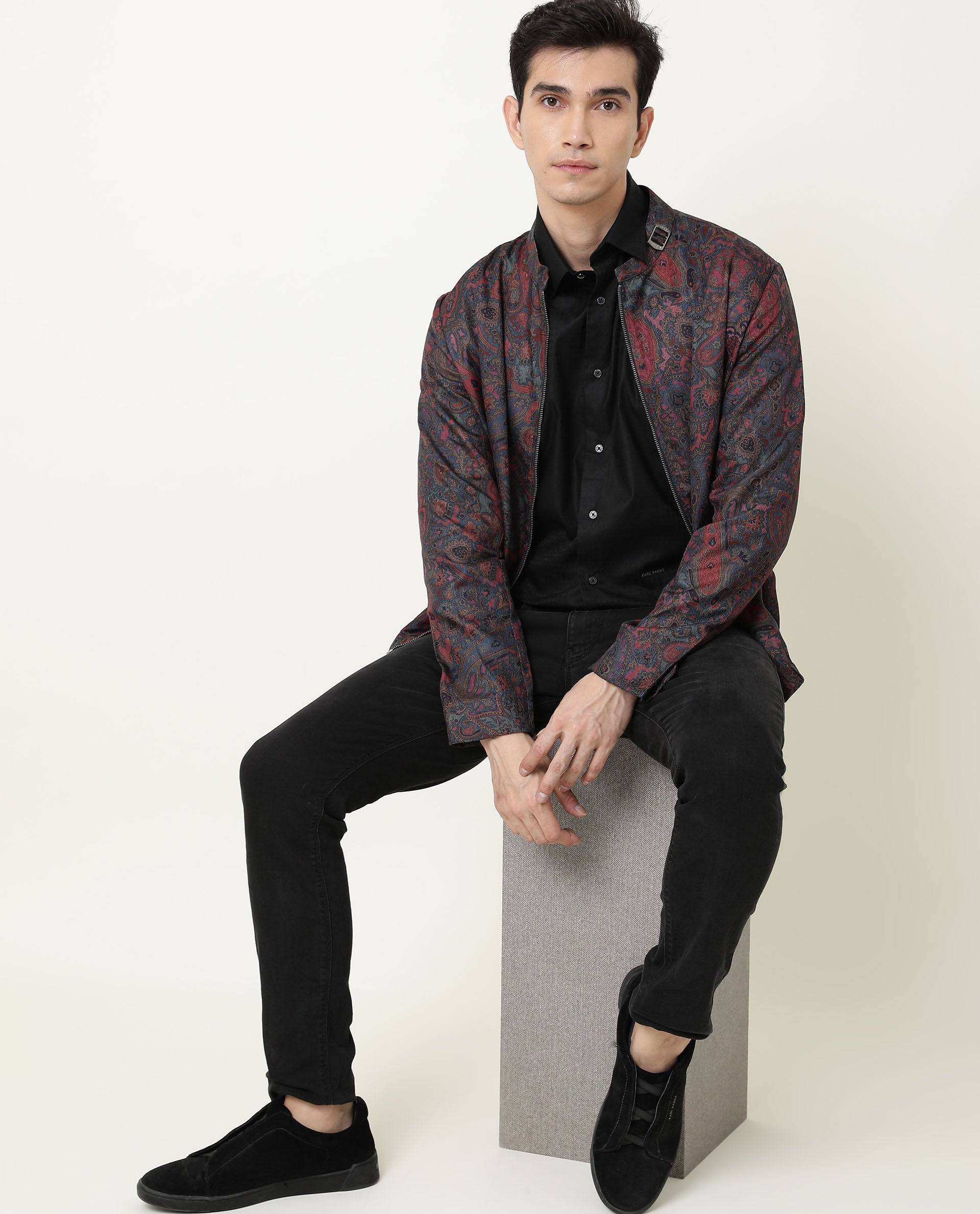 RARE RABBIT BOXXI PRIMARY BLACK SHIRT COTTON LYOCELL FABRIC FULL SLEEVE SPREAD COLLAR SLIM FIT