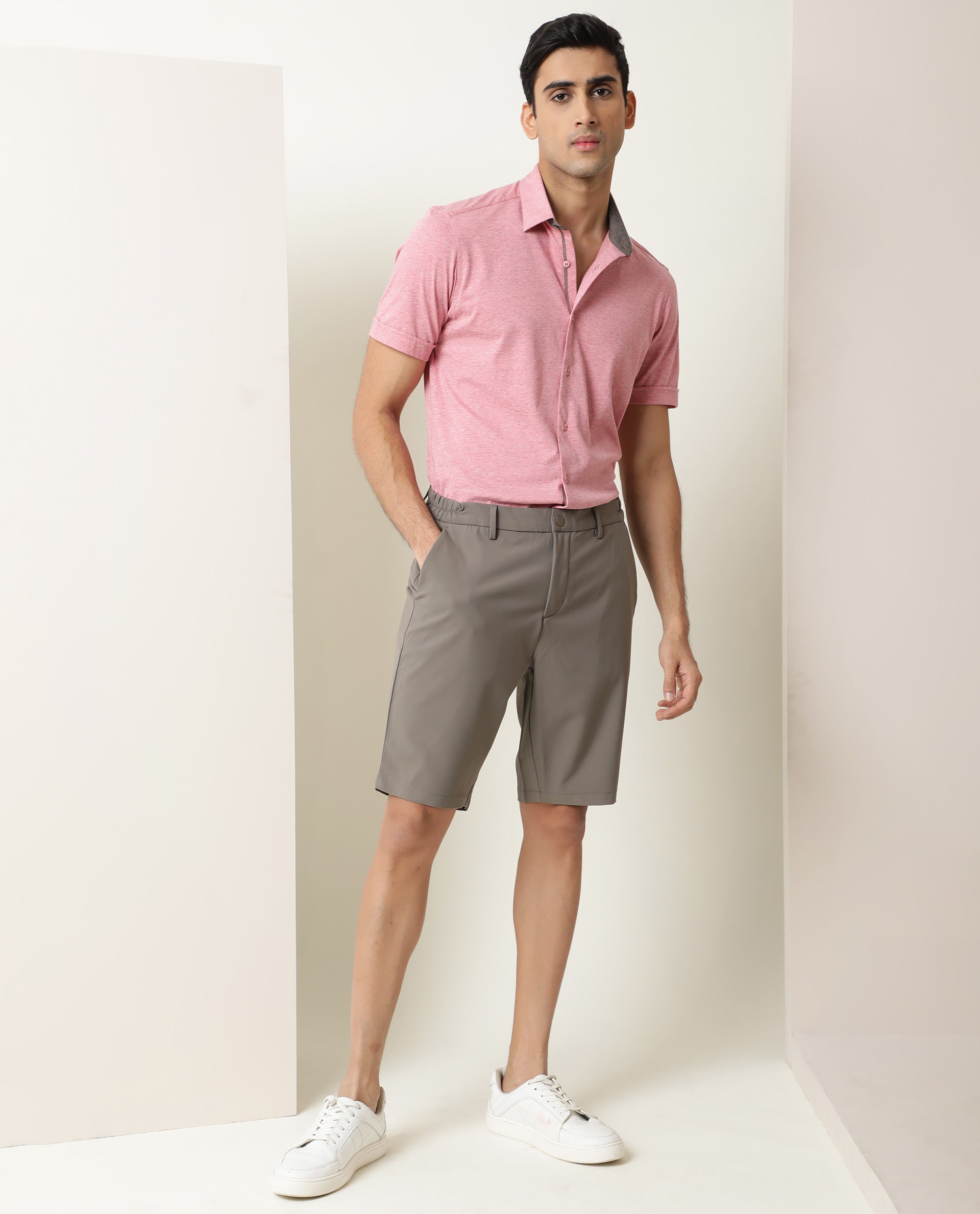 Rare Rabbit Men's Miraj Pink Cotton Fabric Half Sleeves Knitted Shirt