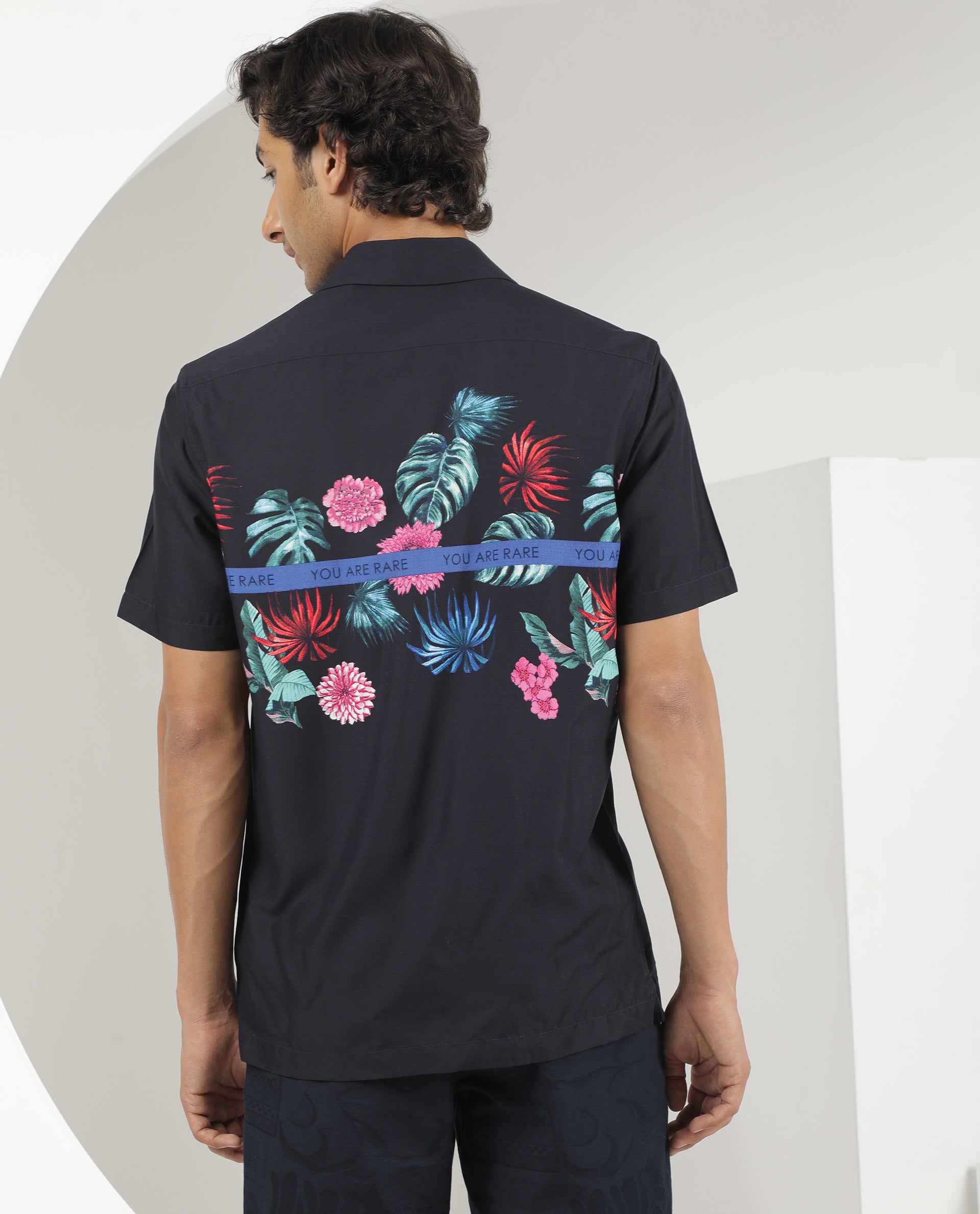 Rare Rabbit Men's Tropic Navy Viscose Fabric Cuban Collar Floral Print Half Sleeves Shirt