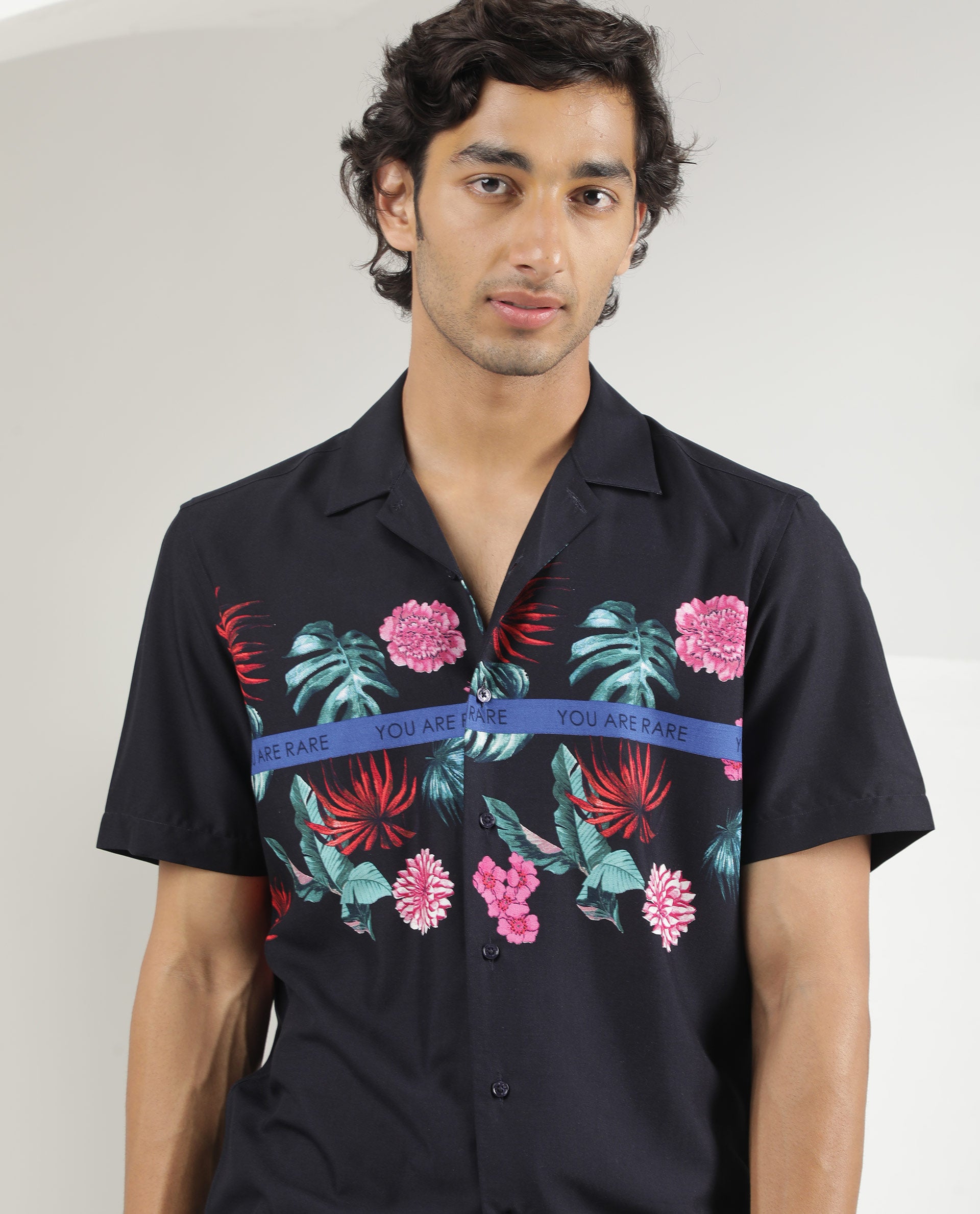 Rare Rabbit Men's Tropic Navy Viscose Fabric Cuban Collar Floral Print Half Sleeves Shirt
