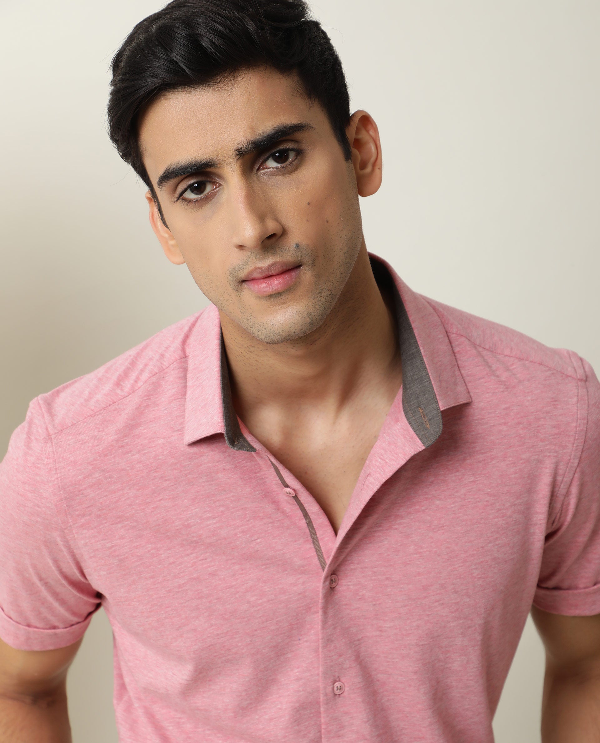 Rare Rabbit Men's Miraj Pink Cotton Fabric Half Sleeves Knitted Shirt