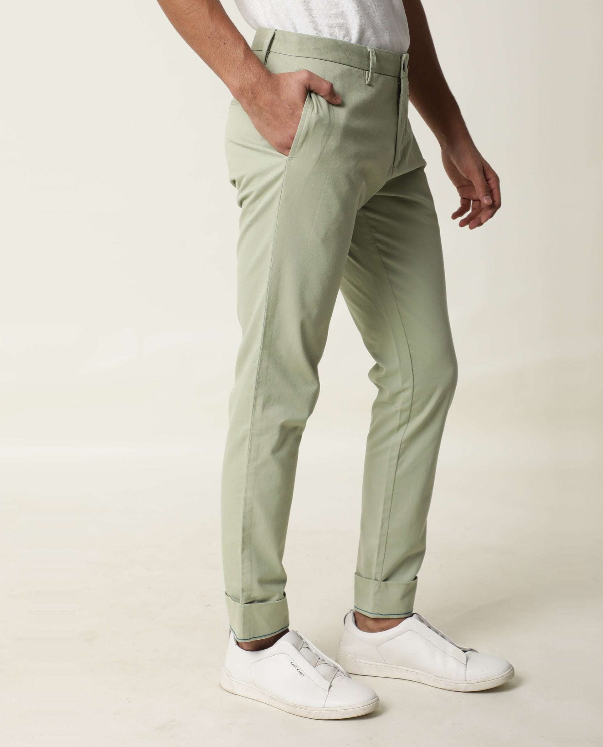 Rare Rabbit Men's Clovey Green Cotton Fabric Button Closure Mid Rise Slim Fit Trousers