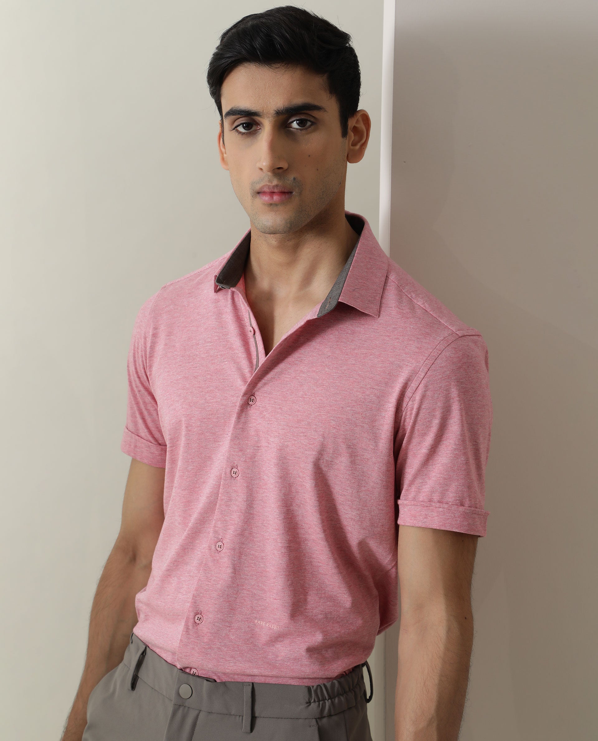 Rare Rabbit Men's Miraj Pink Cotton Fabric Half Sleeves Knitted Shirt