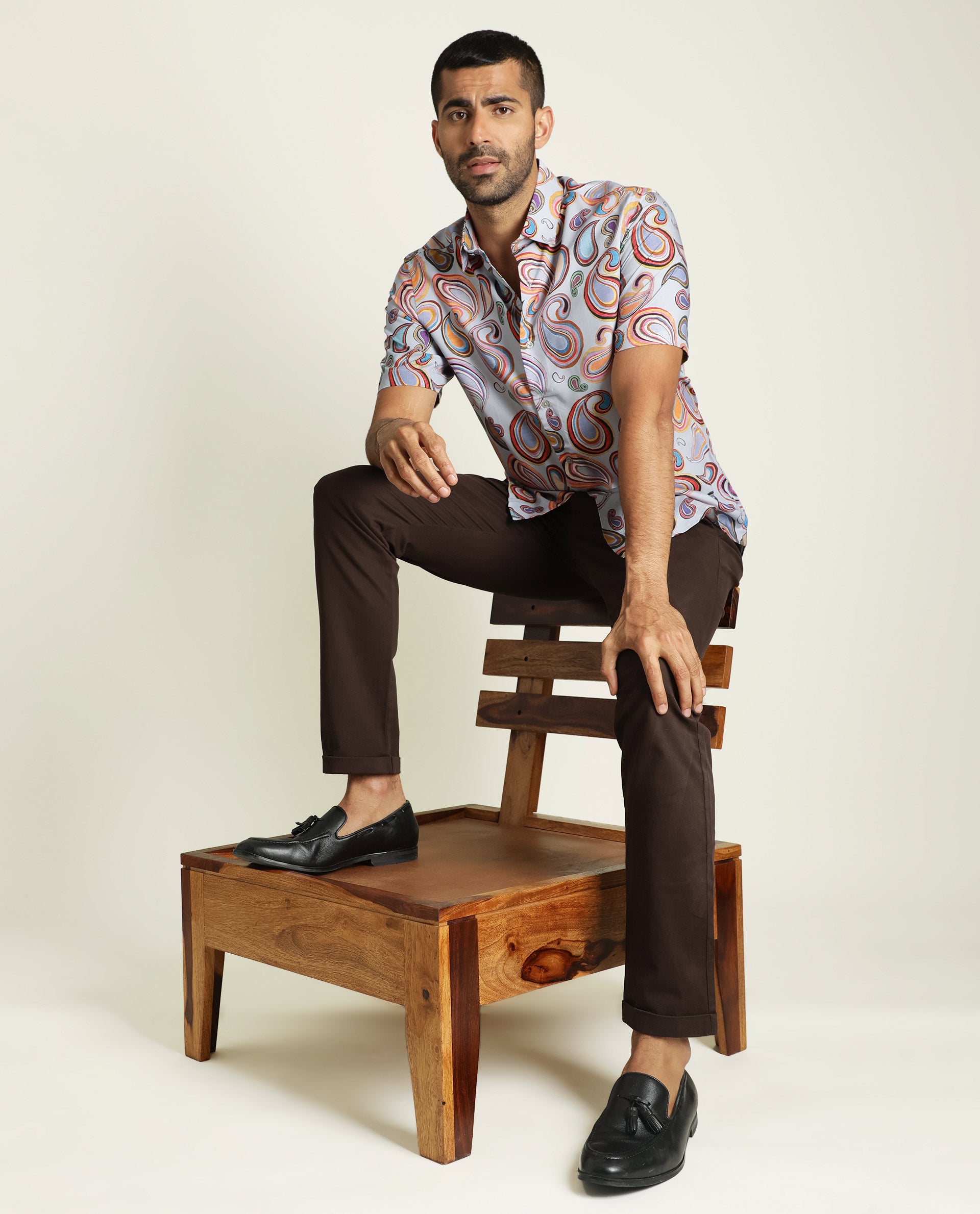 Rare Rabbit Men's Marsh Ss Blue Viscose Fabric Paisley Print Half Sleeves Shirt