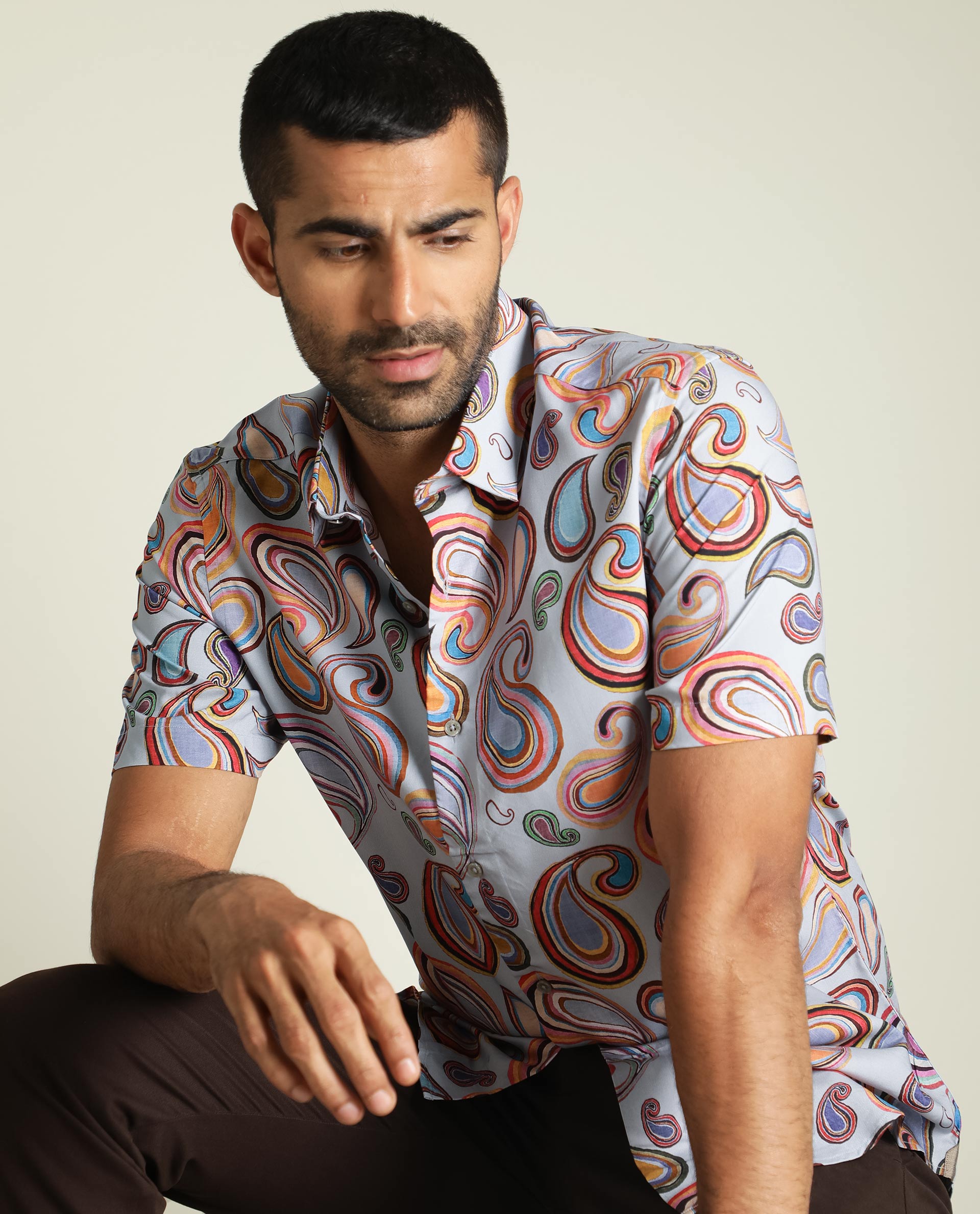 Rare Rabbit Men's Marsh Ss Blue Viscose Fabric Paisley Print Half Sleeves Shirt