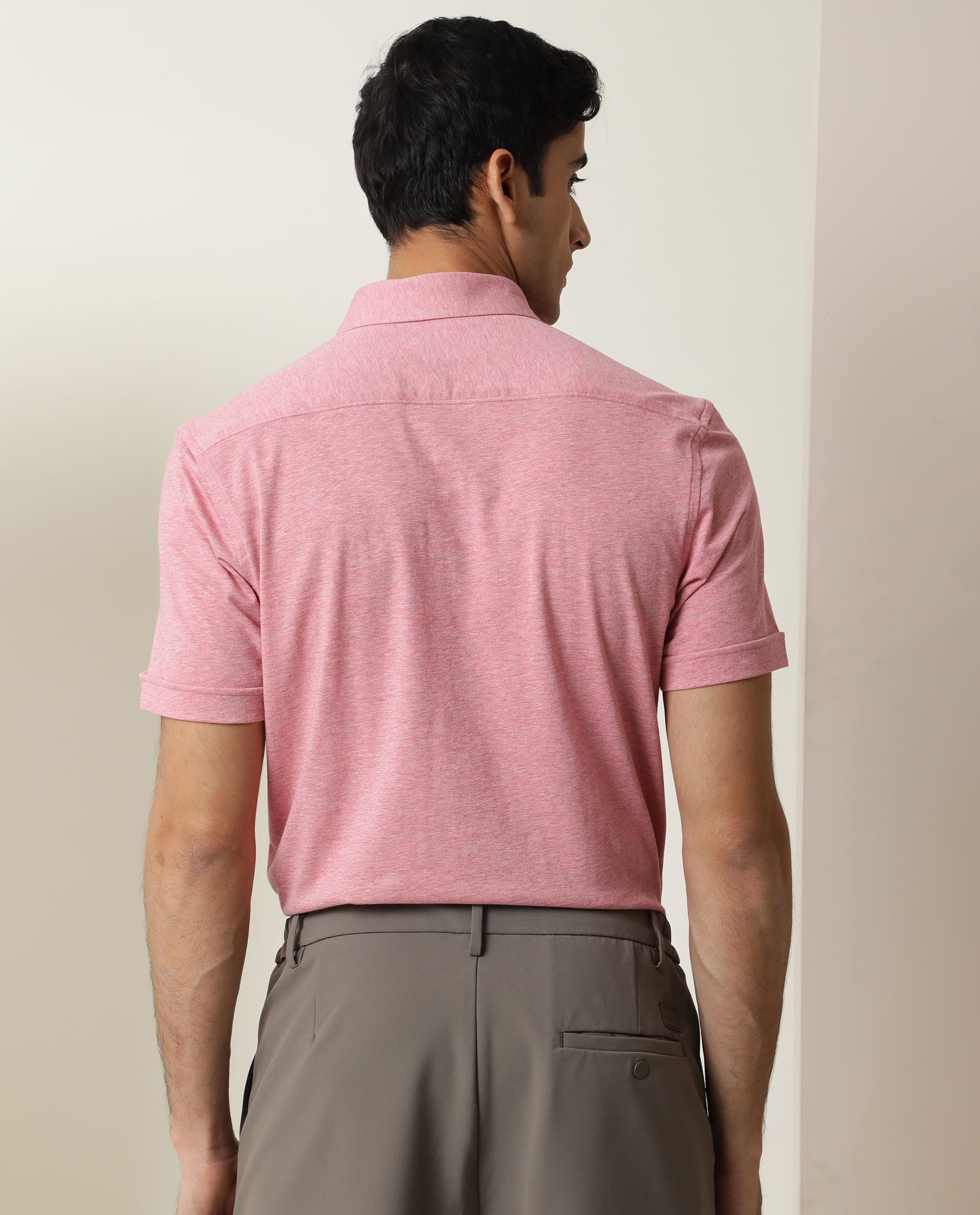 Rare Rabbit Men's Miraj Pink Cotton Fabric Half Sleeves Knitted Shirt