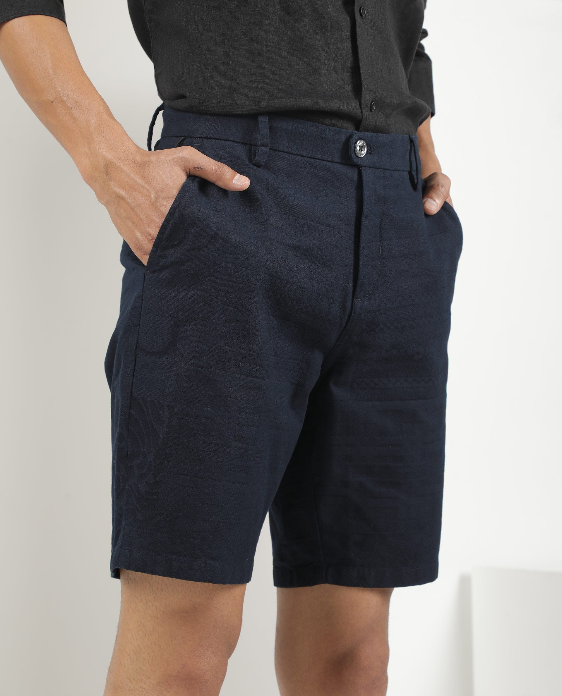 Rare Rabbit Men'S Jaky Navy Shorts Cotton Fabric Button & Zip Closure Mid Rise