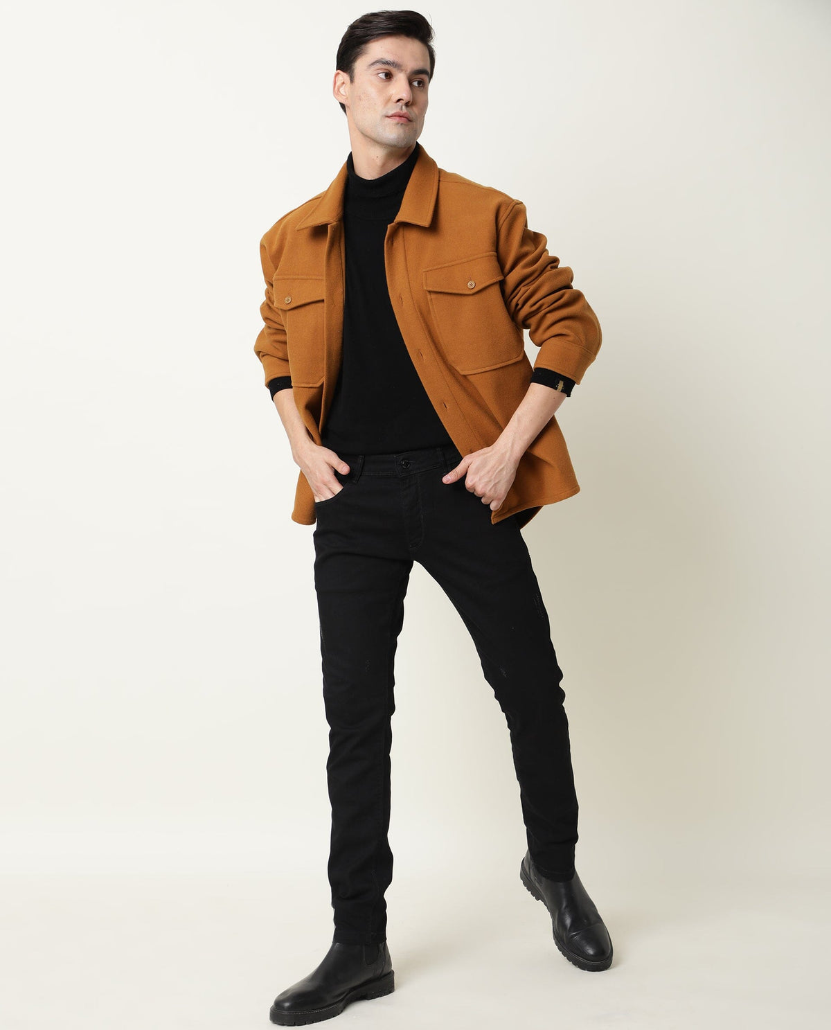 RARE RABBIT MEN'S SHACK TAN JACKET POLYESTER FABRIC COLLARED NECK FULL SLEEVES BUTTON CLOSURE SLIM FIT