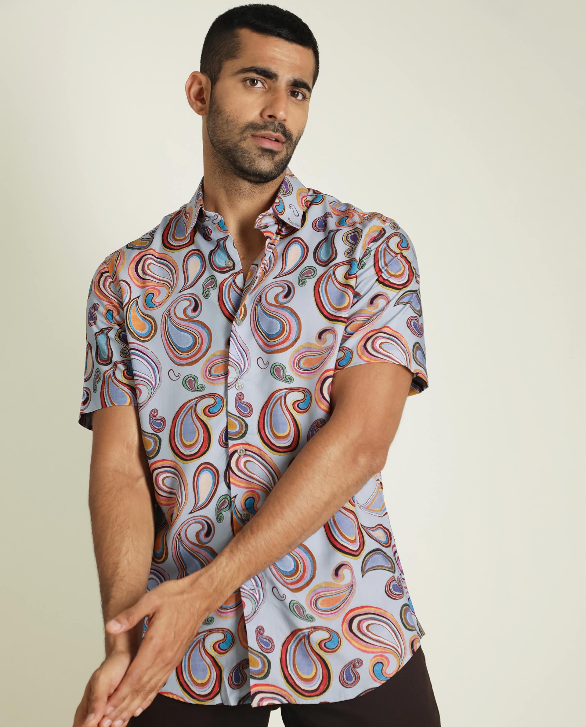 Rare Rabbit Men's Marsh Ss Blue Viscose Fabric Paisley Print Half Sleeves Shirt