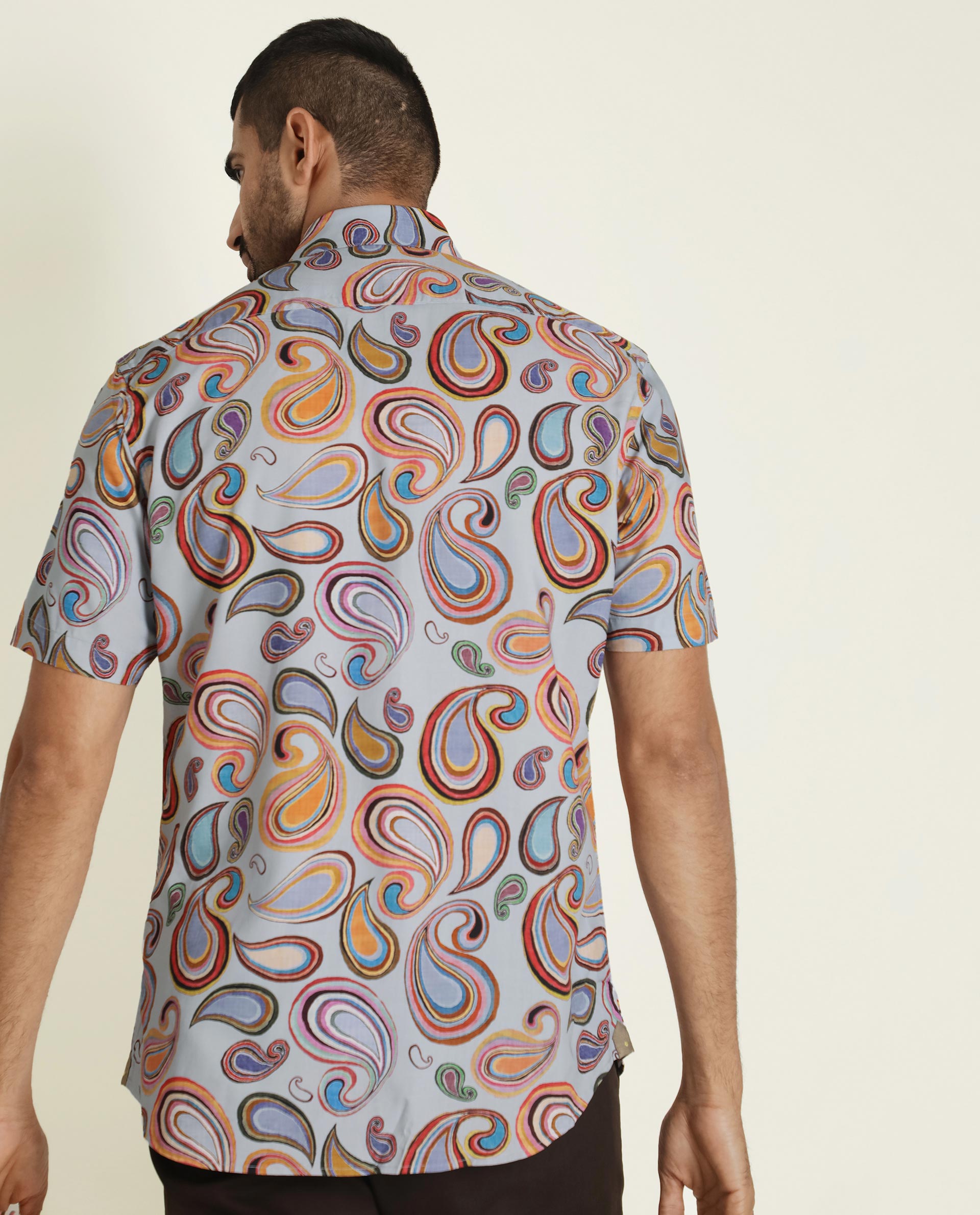 Rare Rabbit Men's Marsh Ss Blue Viscose Fabric Paisley Print Half Sleeves Shirt