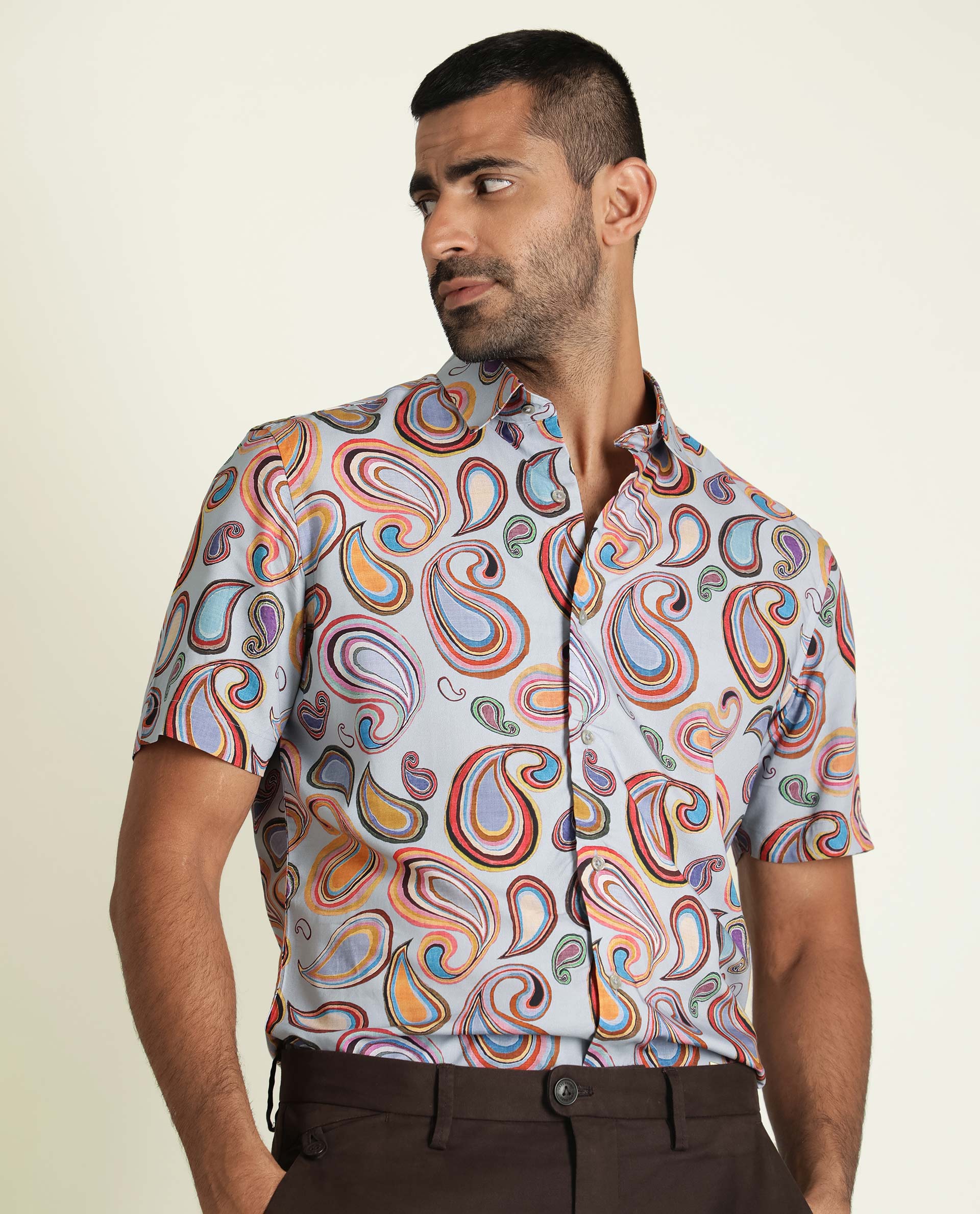 Rare Rabbit Men's Marsh Ss Blue Viscose Fabric Paisley Print Half Sleeves Shirt