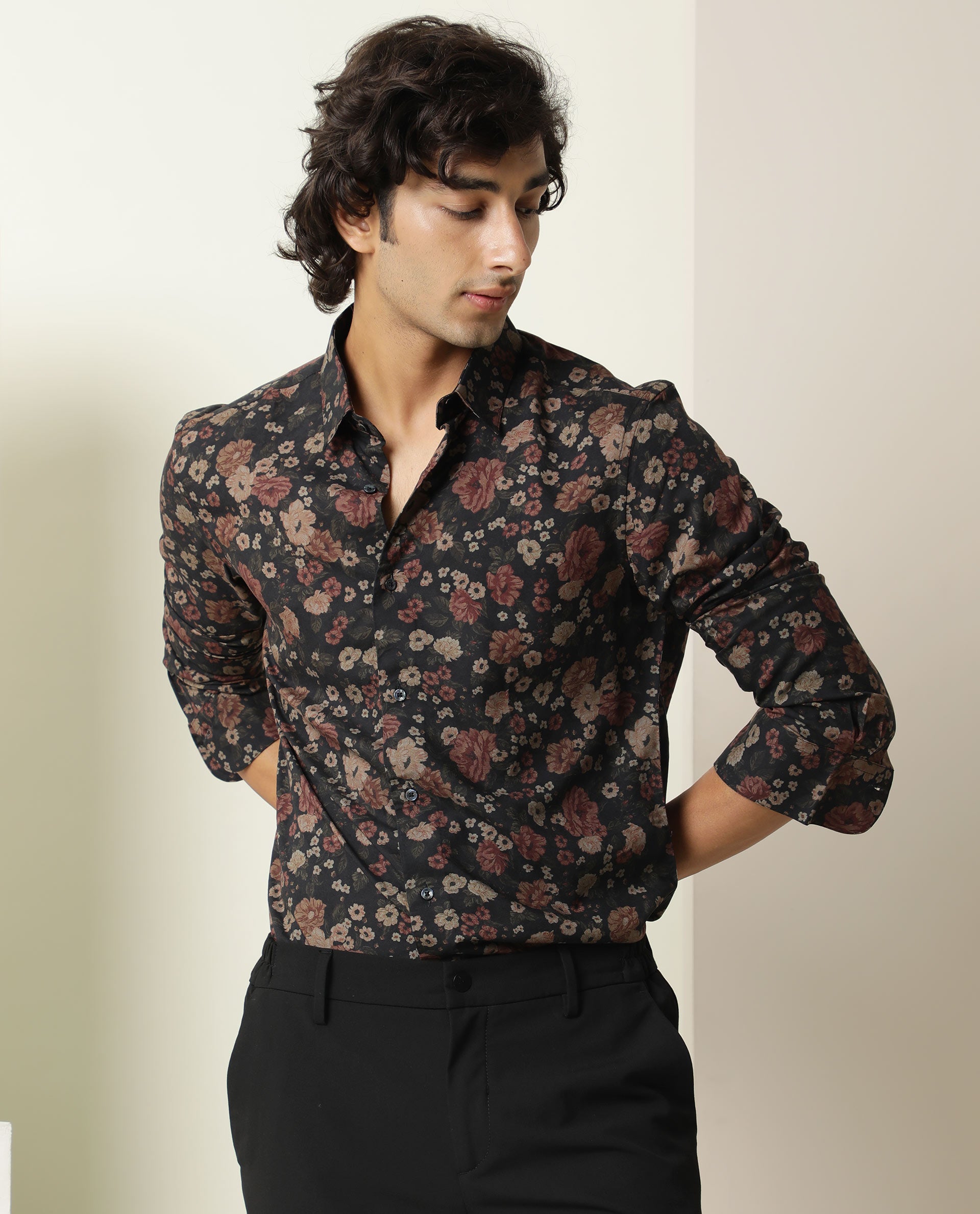 Rare Rabbit Mens Vynil Blue Viscose Fabric Full Sleeves Floral Print Shirt