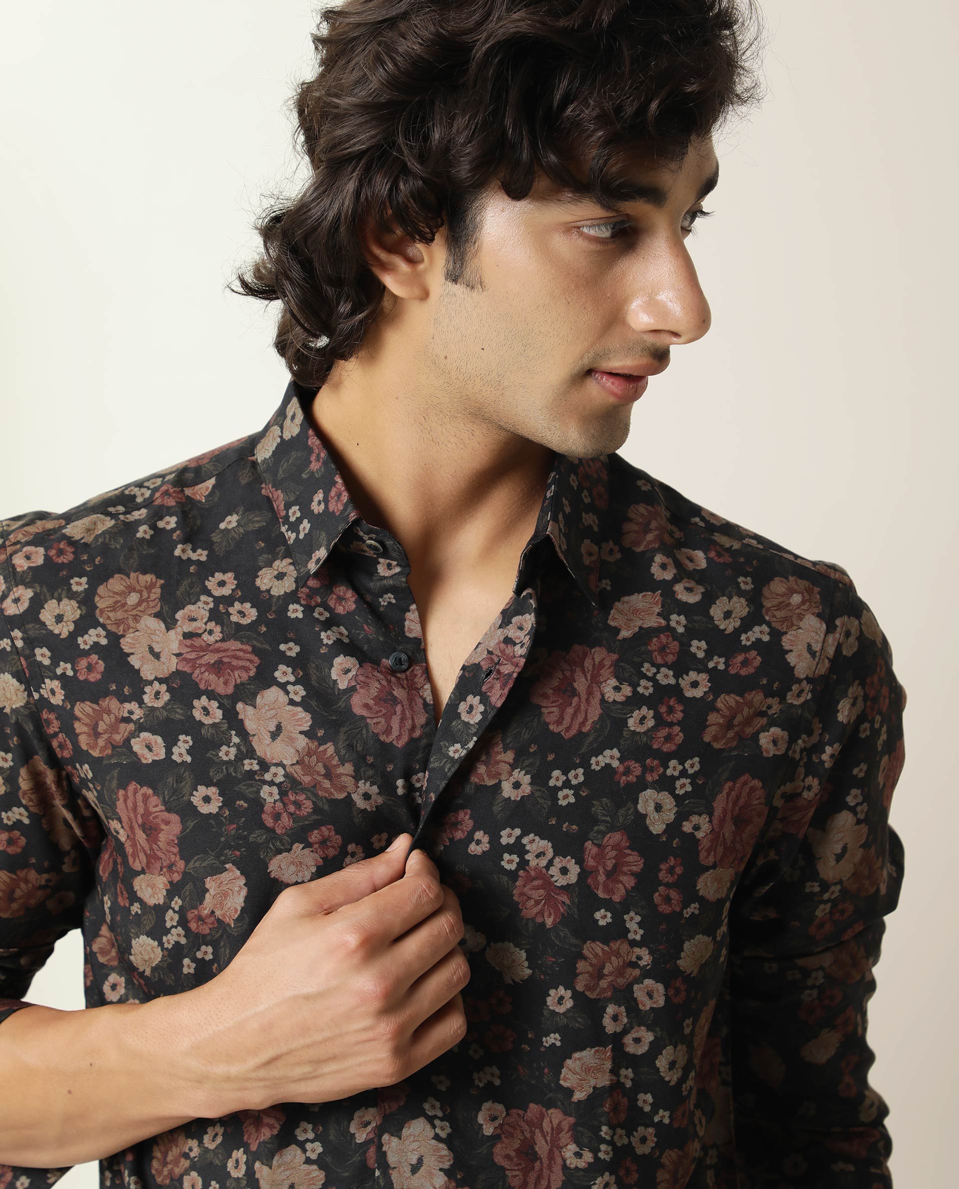 Rare Rabbit Mens Vynil Blue Viscose Fabric Full Sleeves Floral Print Shirt