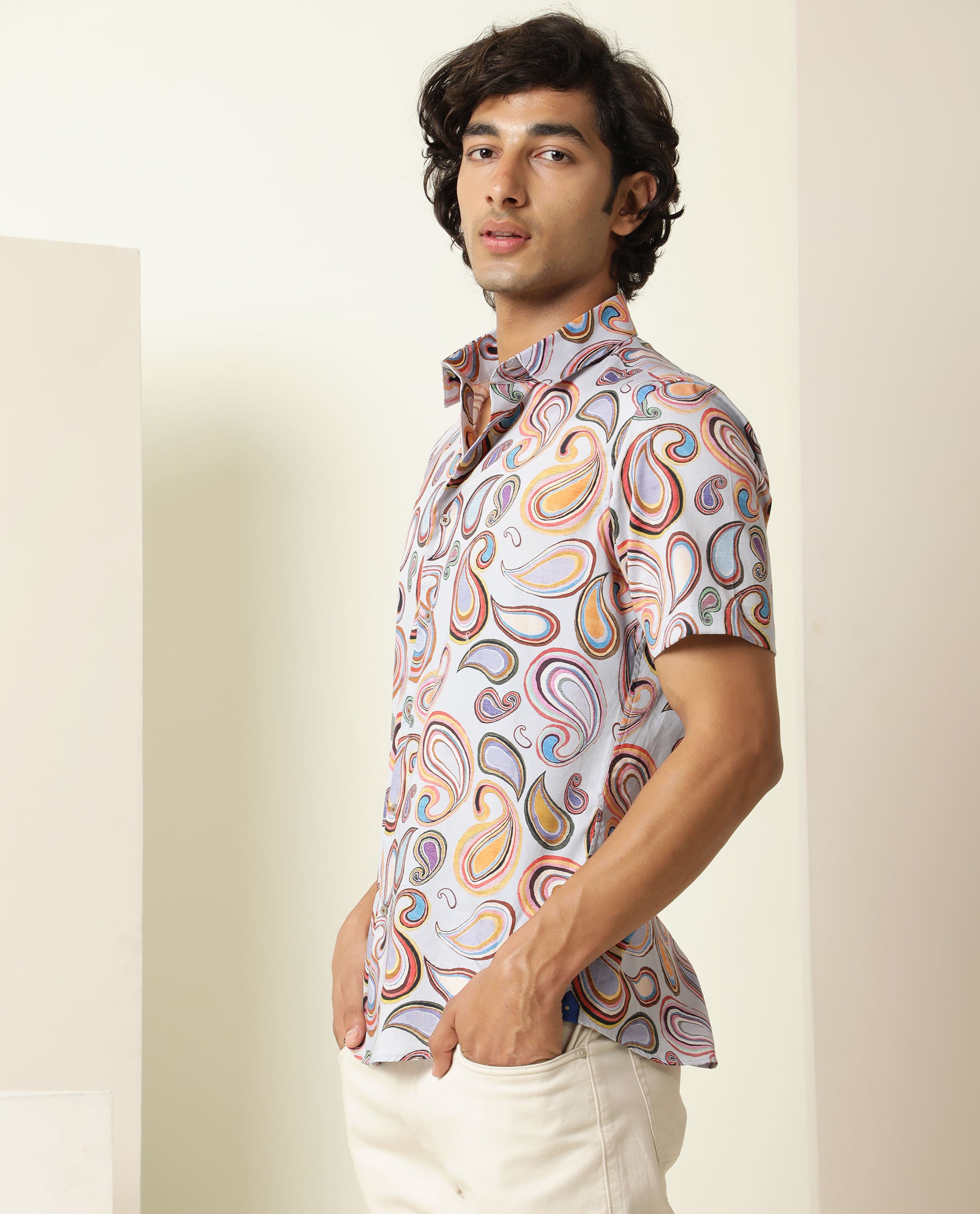 RARE RABBIT MEN'S CADIZ MULTI SHIRT COTTON FABRIC COLLARED NECK HALF SLEEVES BUTTON CLOSURE