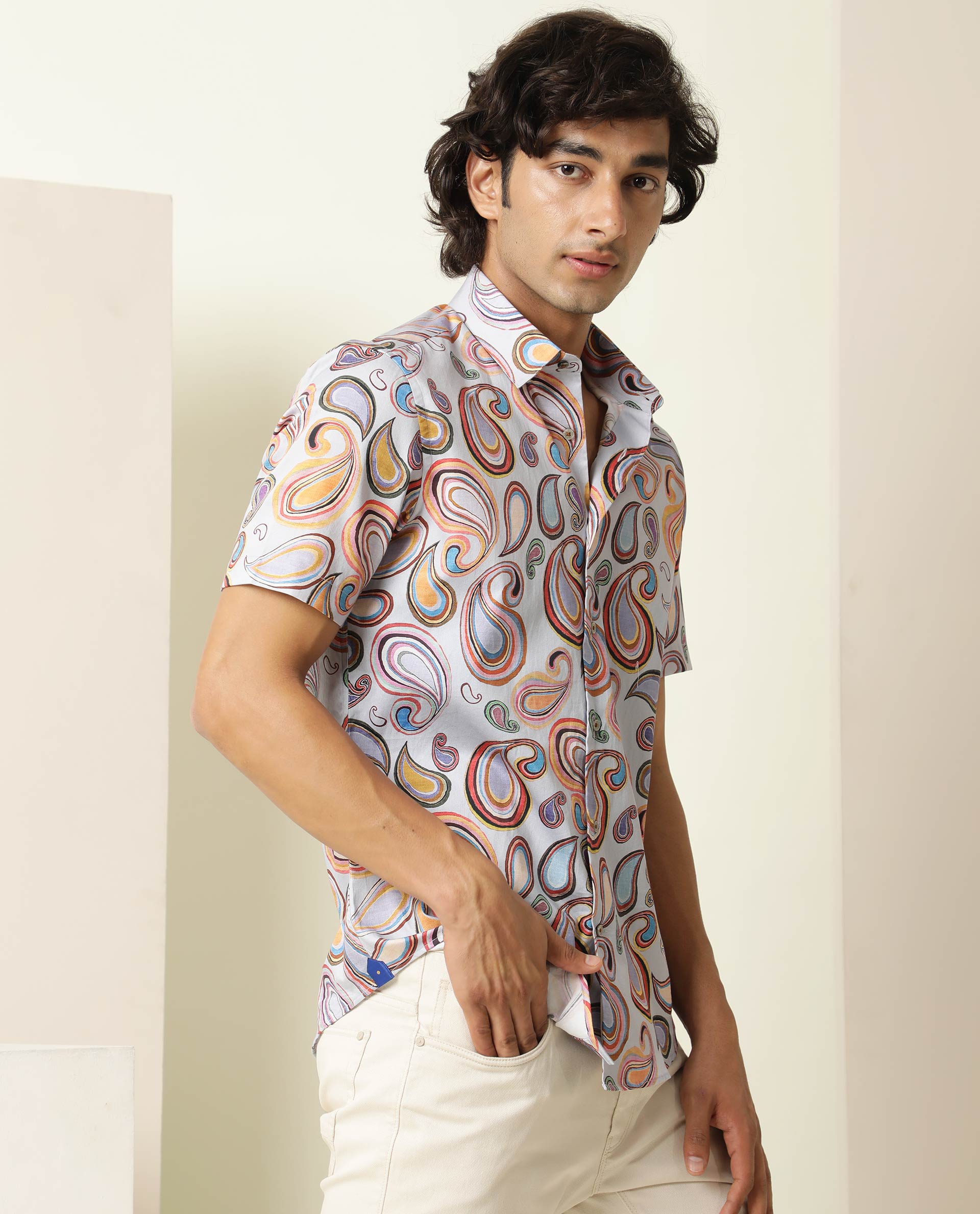 RARE RABBIT MEN'S CADIZ MULTI SHIRT COTTON FABRIC COLLARED NECK HALF SLEEVES BUTTON CLOSURE