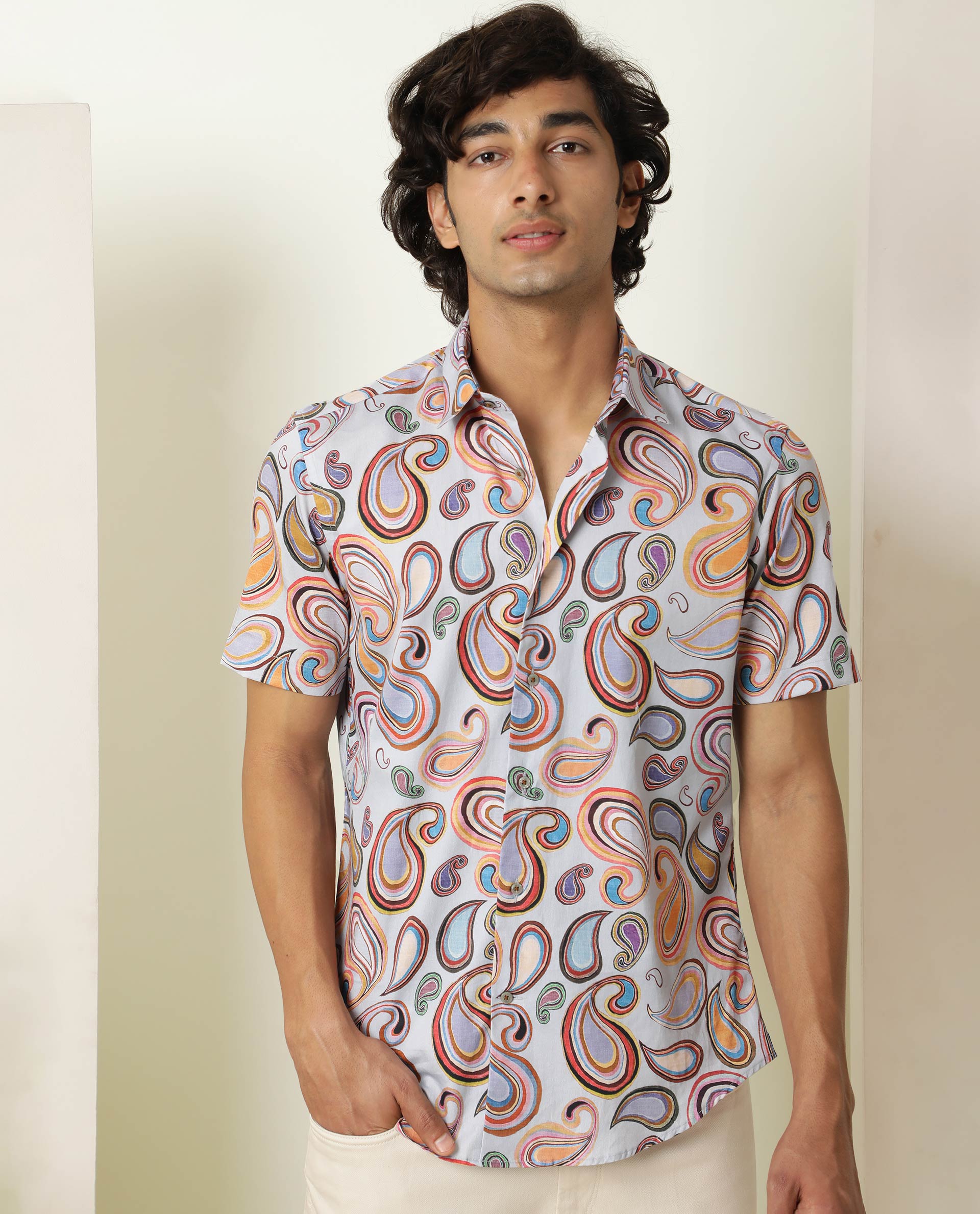 RARE RABBIT MEN'S CADIZ MULTI SHIRT COTTON FABRIC COLLARED NECK HALF SLEEVES BUTTON CLOSURE