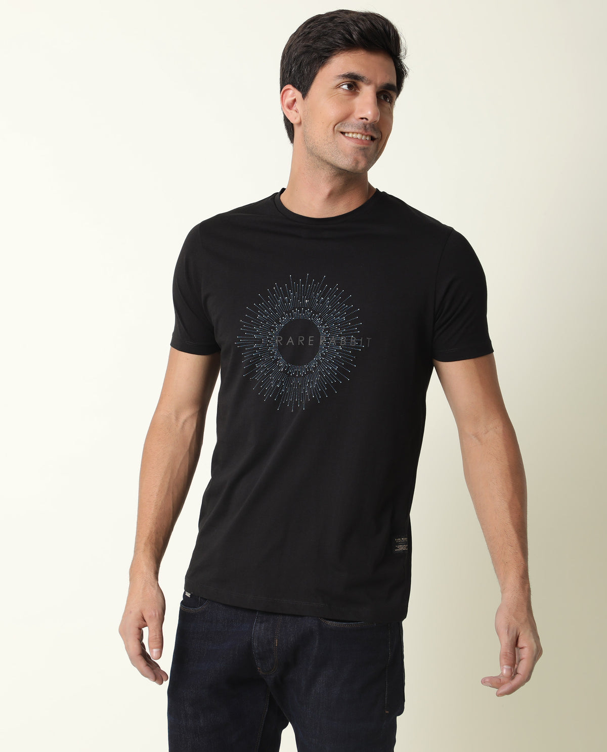 RARE RABBIT MENS KRIS BLACK T-SHIRT COTTON FABRIC SLIM FIT CREW NECK SHORT SLEEVE GRAPHIC PRINT
