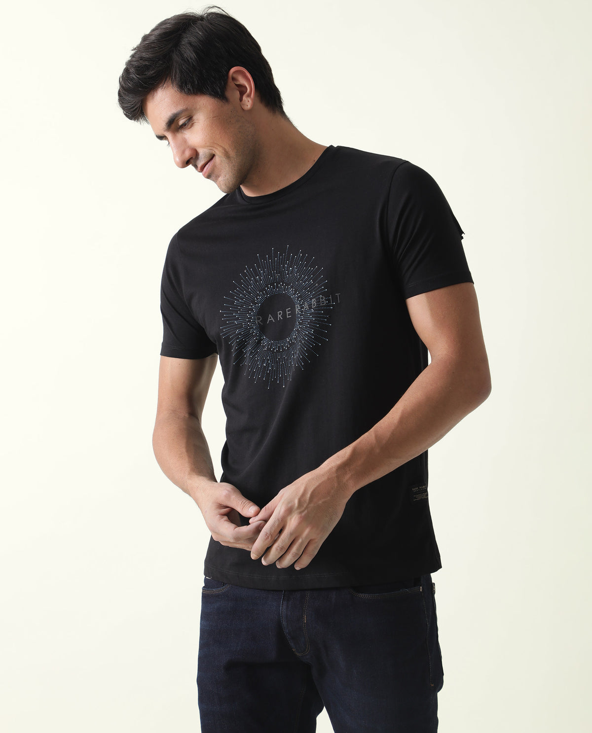 RARE RABBIT MENS KRIS BLACK T-SHIRT COTTON FABRIC SLIM FIT CREW NECK SHORT SLEEVE GRAPHIC PRINT