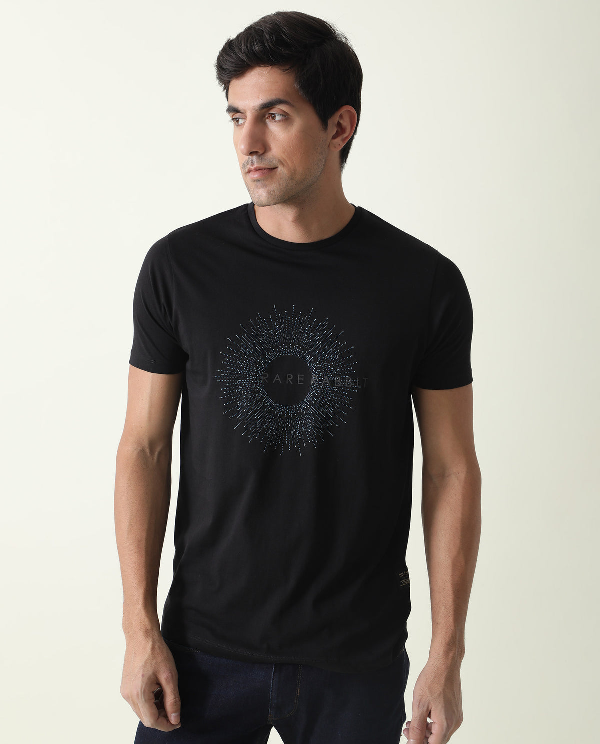 RARE RABBIT MENS KRIS BLACK T-SHIRT COTTON FABRIC SLIM FIT CREW NECK SHORT SLEEVE GRAPHIC PRINT