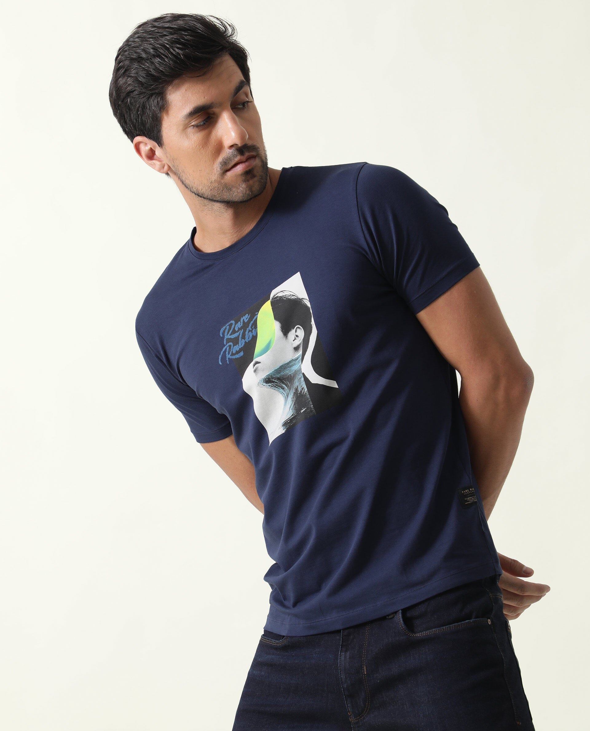 Rare Rabbit Men's Minx Navy Cotton Lycra Fabric Crew Neck Half Sleeves Regular Fit Graphic Print T-Shirt