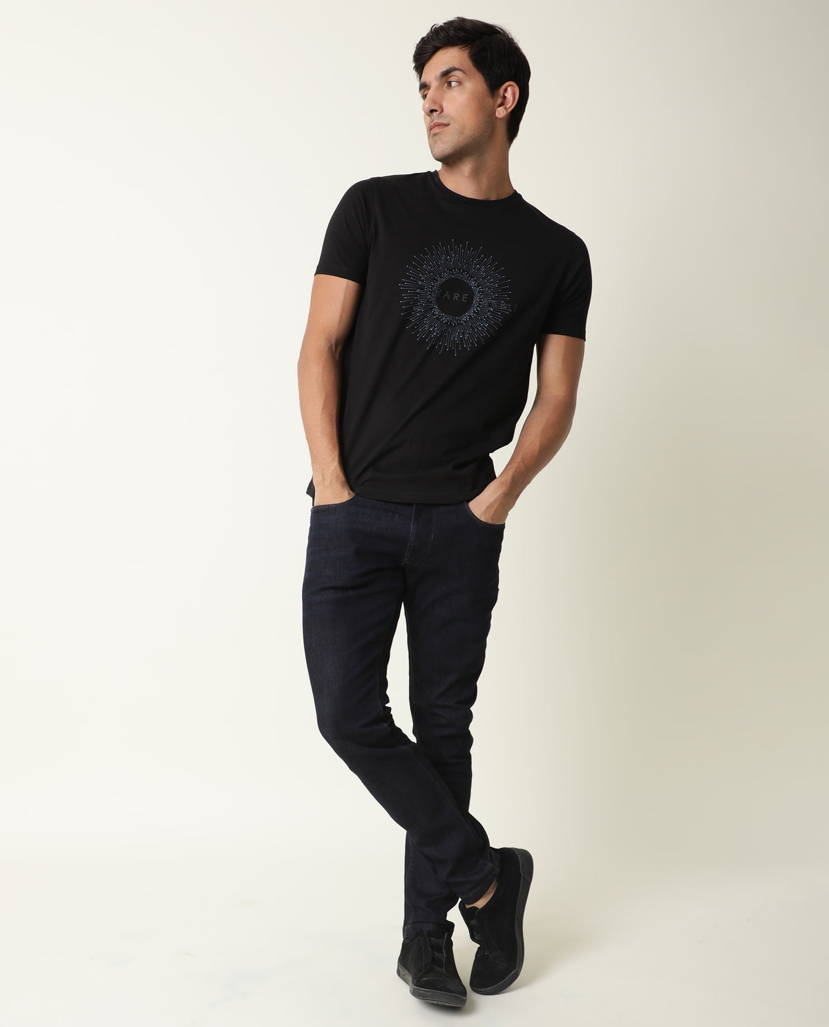 RARE RABBIT MENS KRIS BLACK T-SHIRT COTTON FABRIC SLIM FIT CREW NECK SHORT SLEEVE GRAPHIC PRINT