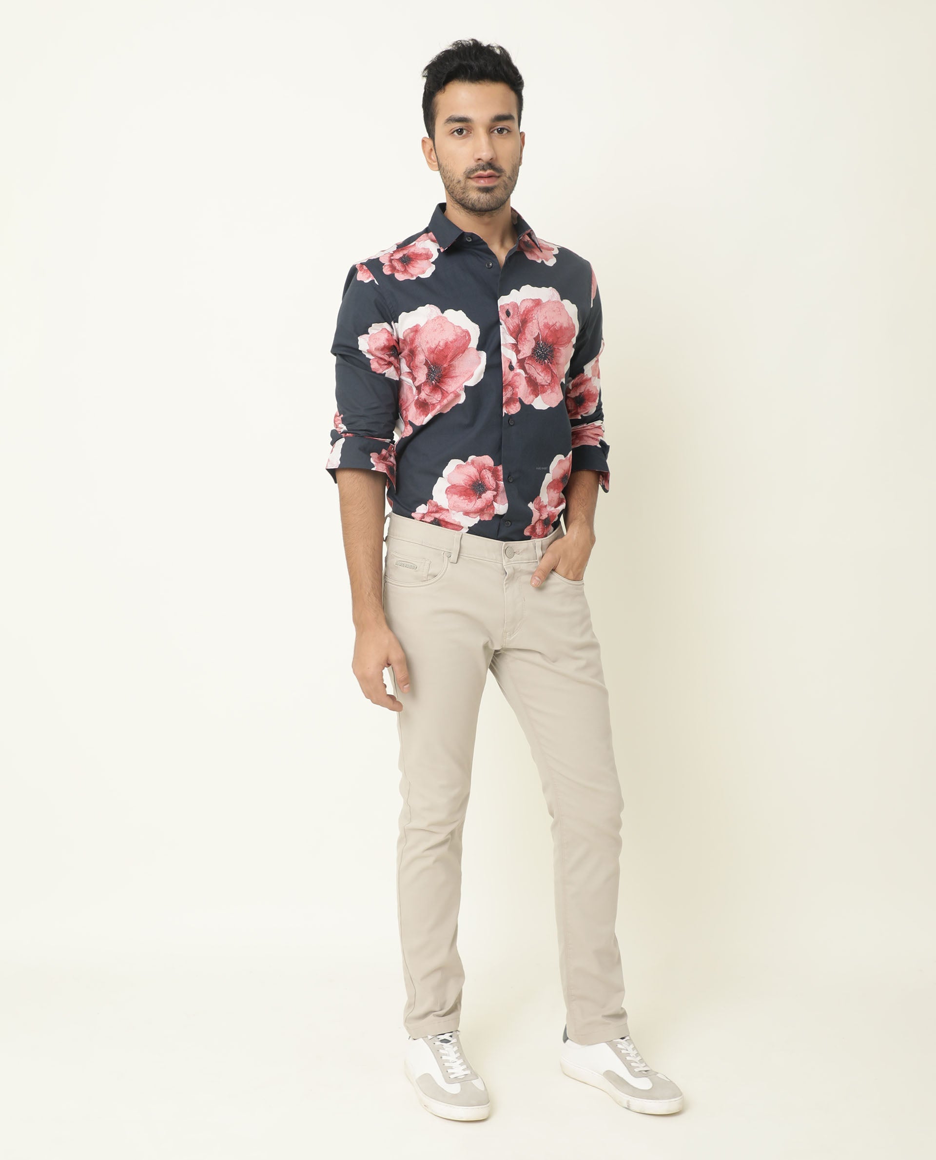 Rare Rabbit Men's Netherss Navy Cotton Fabric Floral Print Full Sleeves Shirt