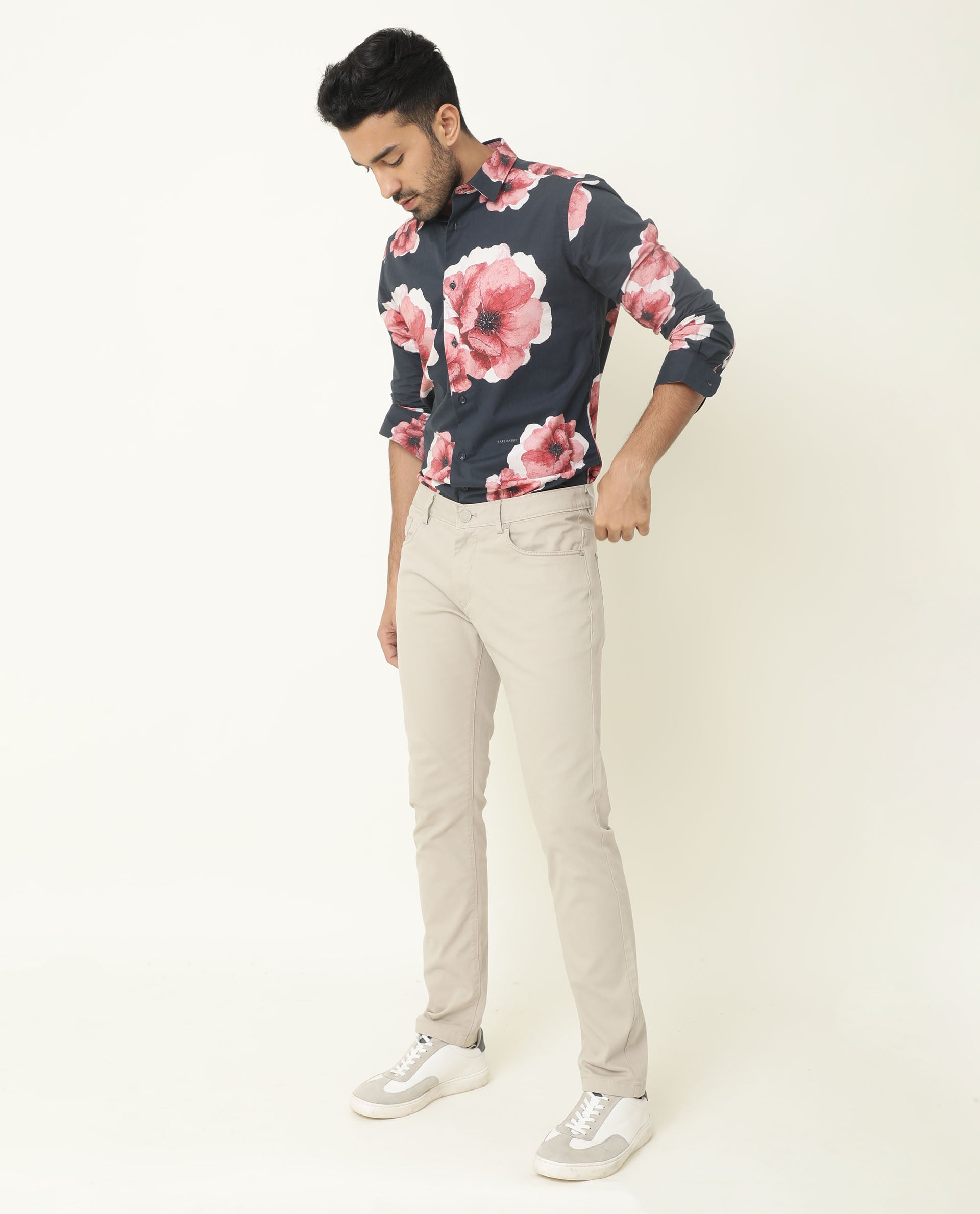 Rare Rabbit Men's Netherss Navy Cotton Fabric Floral Print Full Sleeves Shirt