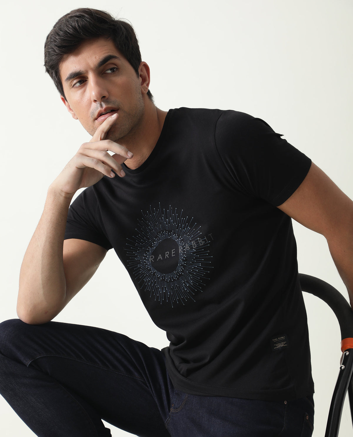 RARE RABBIT MENS KRIS BLACK T-SHIRT COTTON FABRIC SLIM FIT CREW NECK SHORT SLEEVE GRAPHIC PRINT