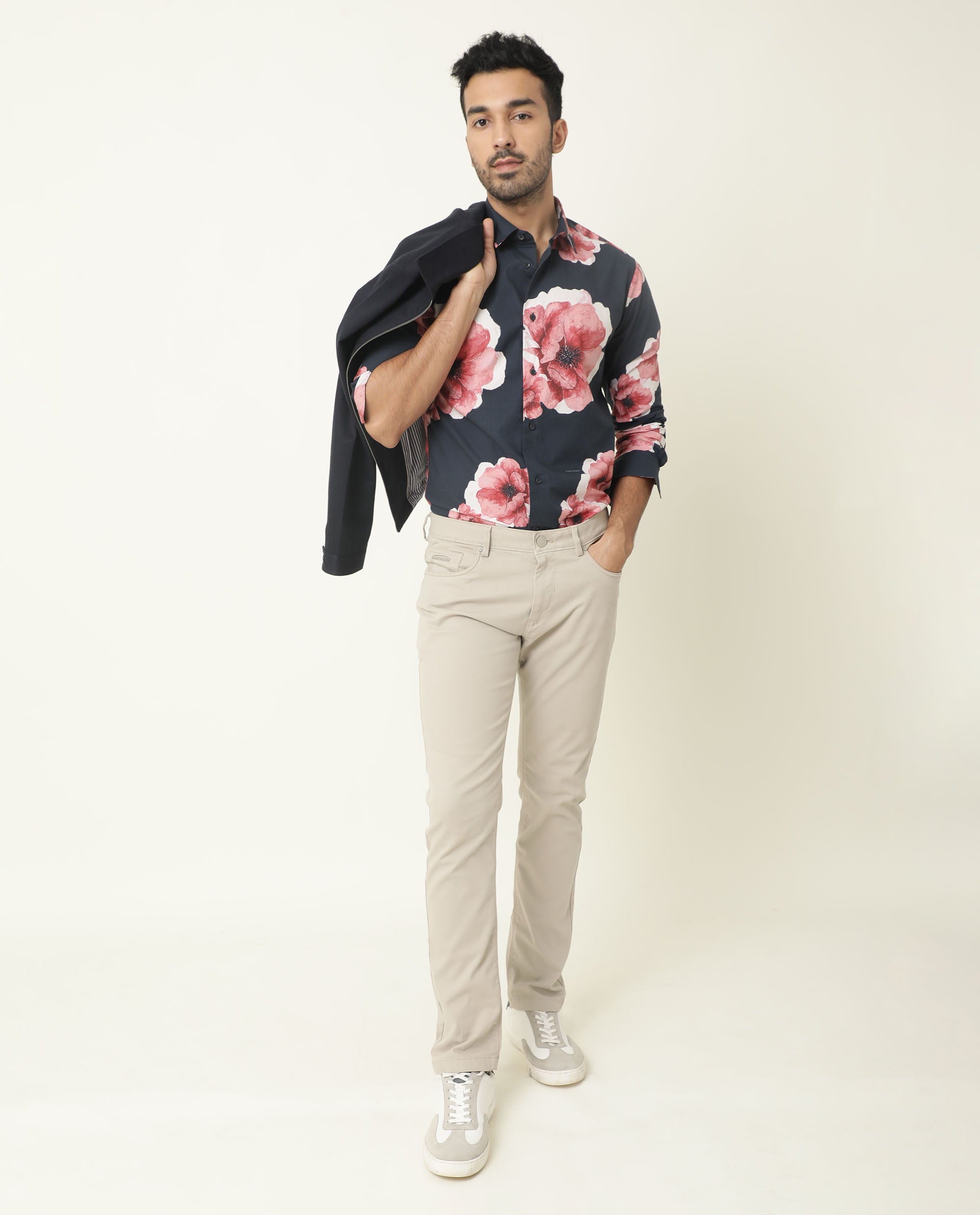 Rare Rabbit Men's Netherss Navy Cotton Fabric Floral Print Full Sleeves Shirt