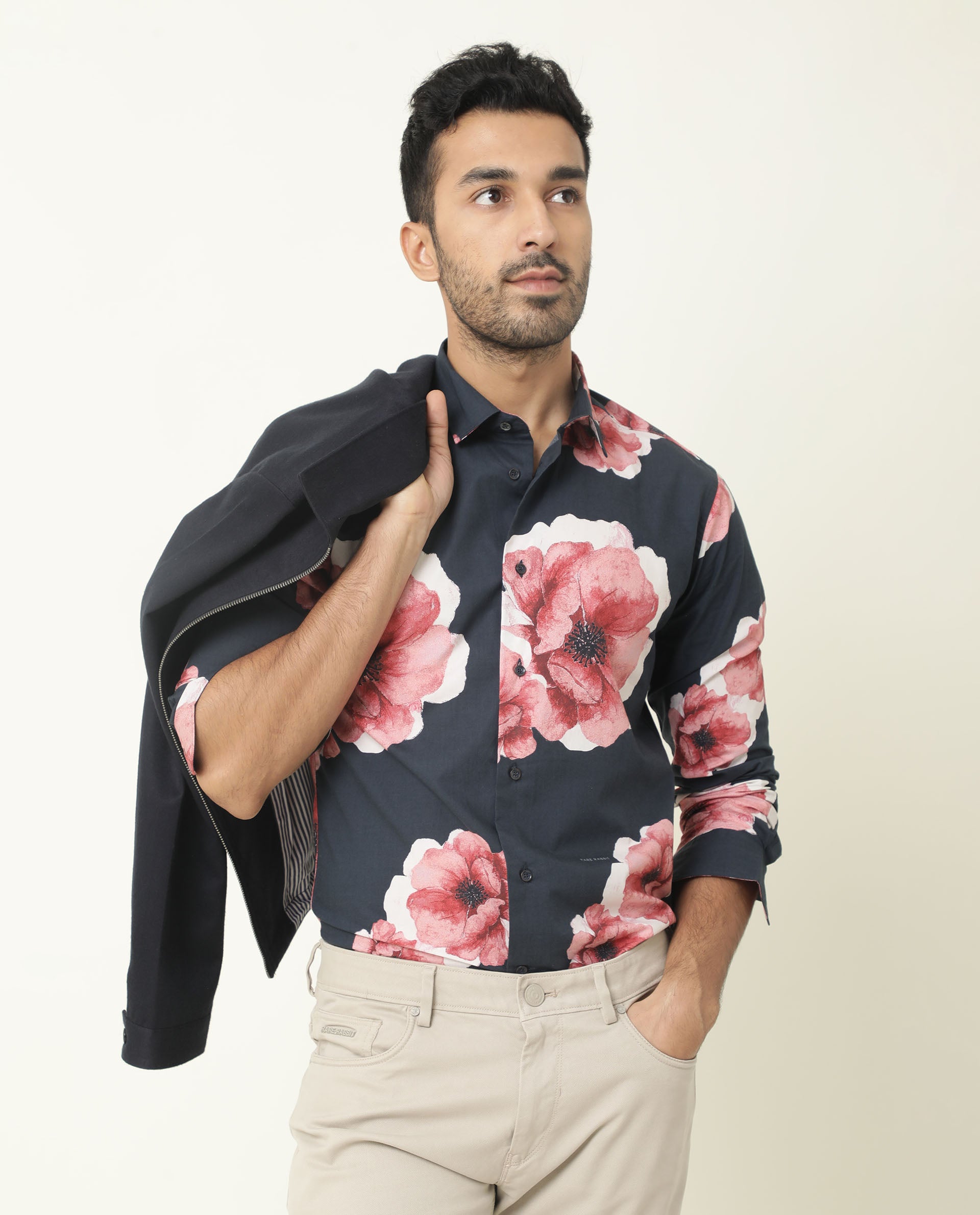 Rare Rabbit Men's Netherss Navy Cotton Fabric Floral Print Full Sleeves Shirt