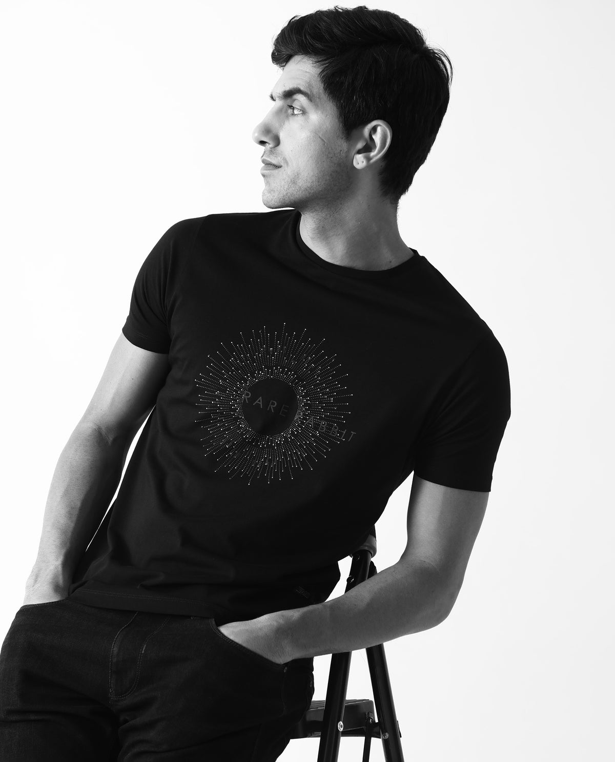 RARE RABBIT MENS KRIS BLACK T-SHIRT COTTON FABRIC SLIM FIT CREW NECK SHORT SLEEVE GRAPHIC PRINT