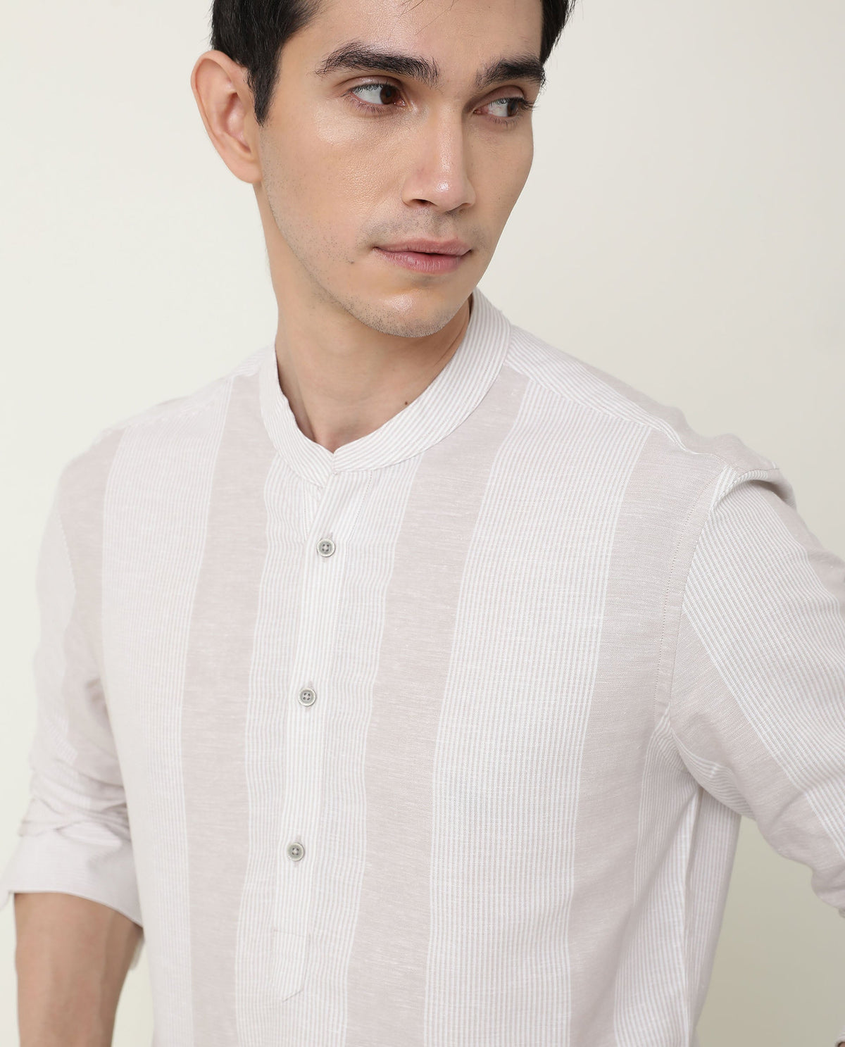 RARE RABBIT MEN'S BEIGE STRIPED COTTON LINEN BLEND MANDARIN COLLAR FULL SLEEVE SHIRT