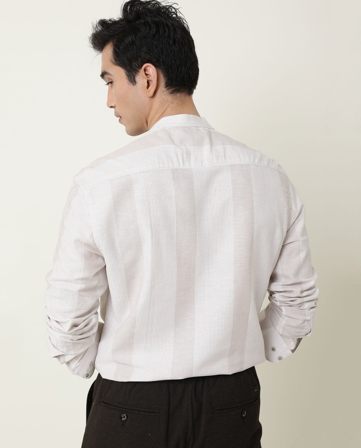 RARE RABBIT MEN'S BEIGE STRIPED COTTON LINEN BLEND MANDARIN COLLAR FULL SLEEVE SHIRT