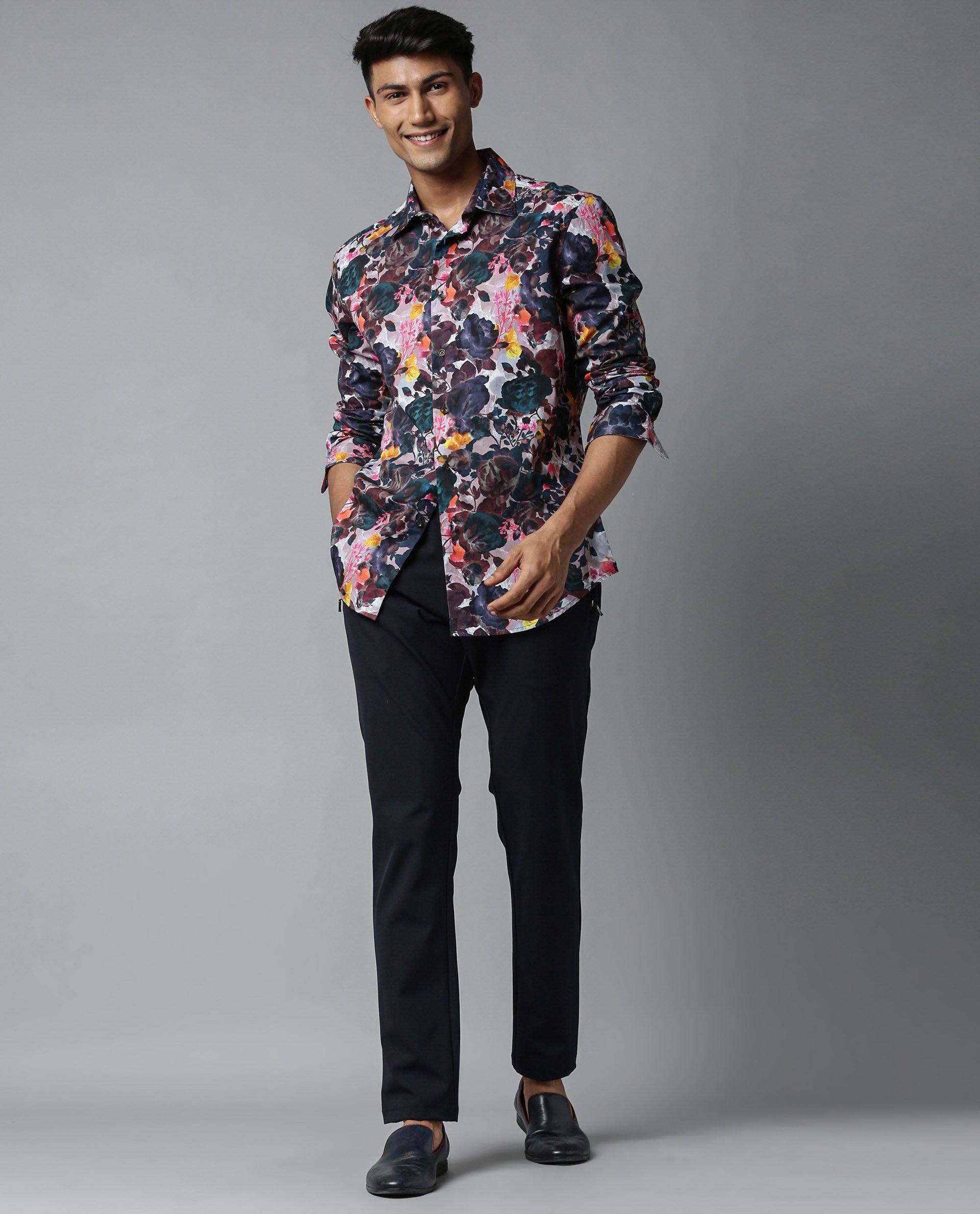 Rare Rabbit Men's Drakee White Cotton Fabric Floral Print Full Sleeves Shirt