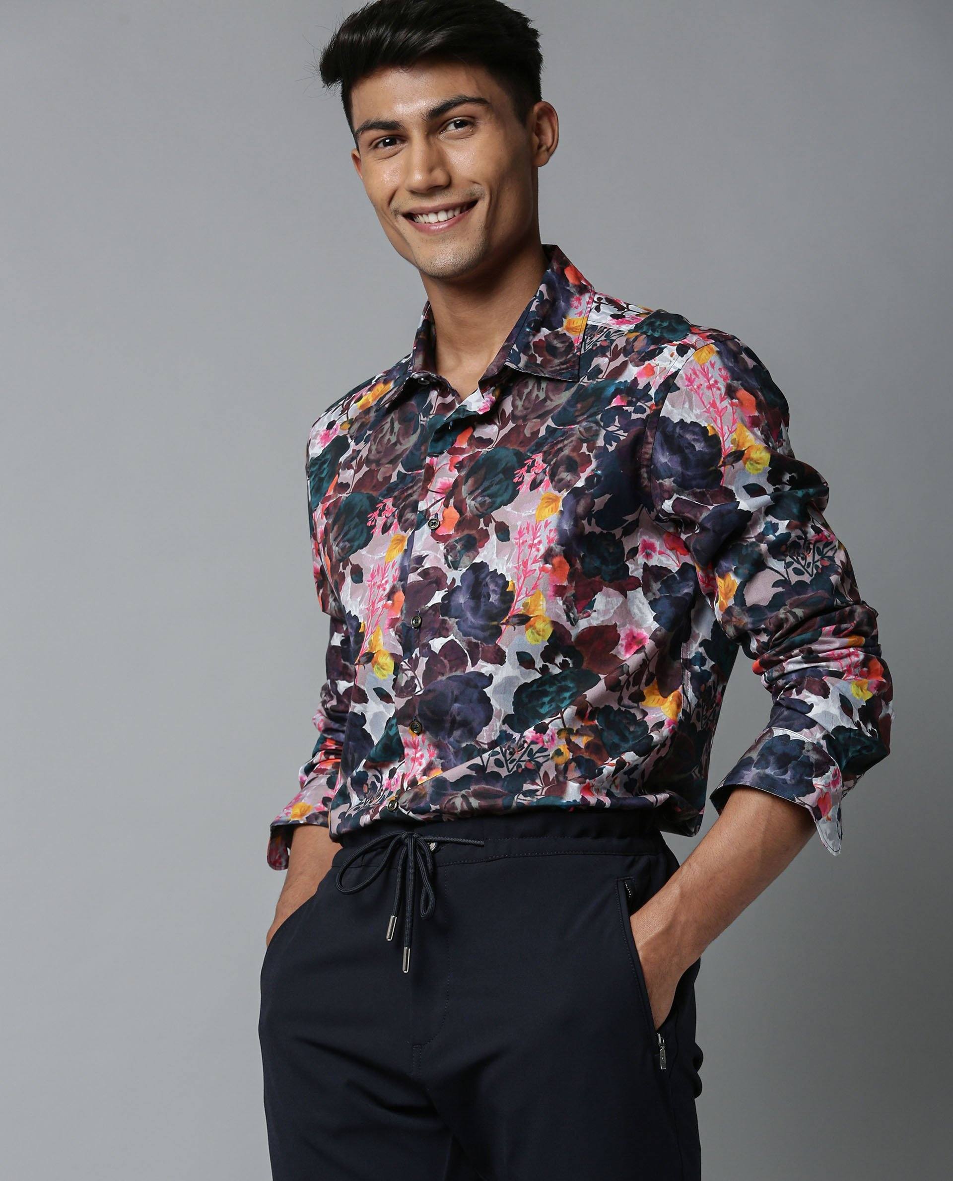 Rare Rabbit Men's Drakee White Cotton Fabric Floral Print Full Sleeves Shirt