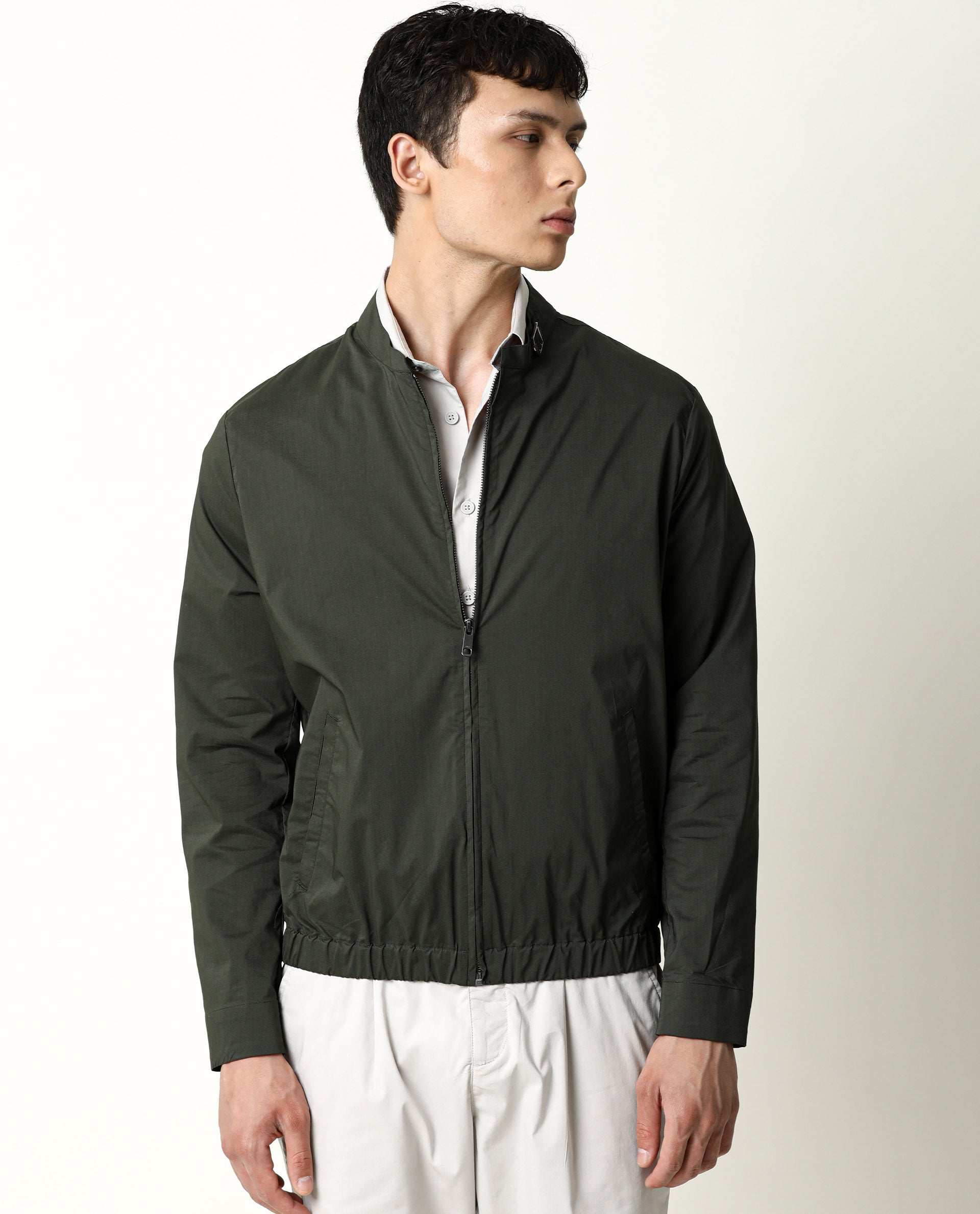 Rare Rabbit Men's Saka Olive Plain Mandarin Collar Jacket