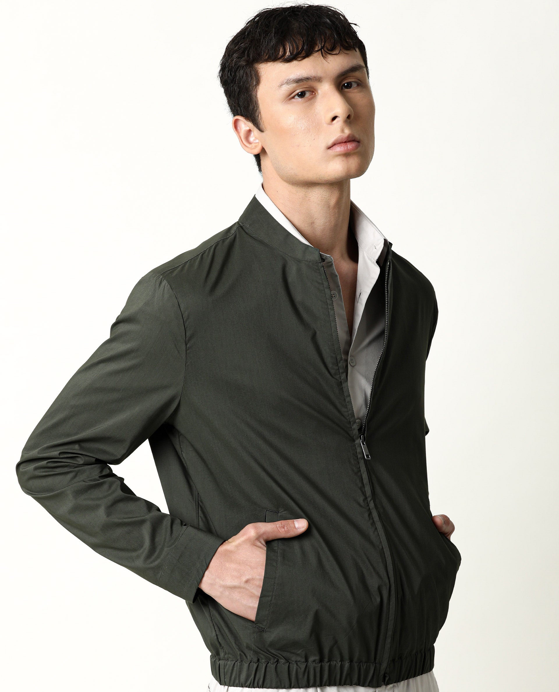 Rare Rabbit Men's Saka Olive Plain Mandarin Collar Jacket