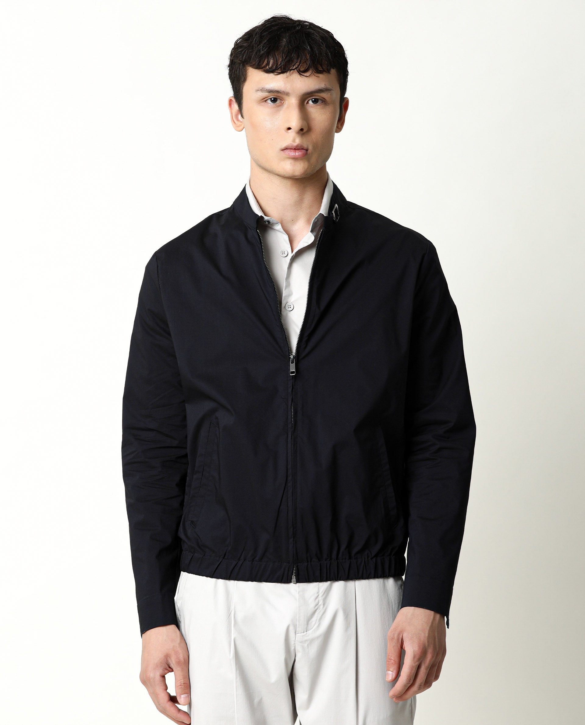 Rare Rabbit Men's Saka Navy Plain Mandarin Collar Jacket