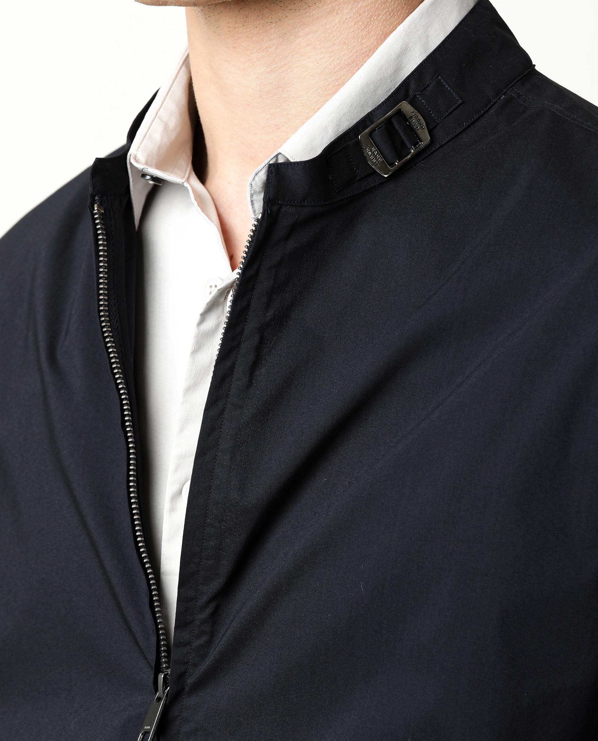 Rare Rabbit Men's Saka Navy Plain Mandarin Collar Jacket