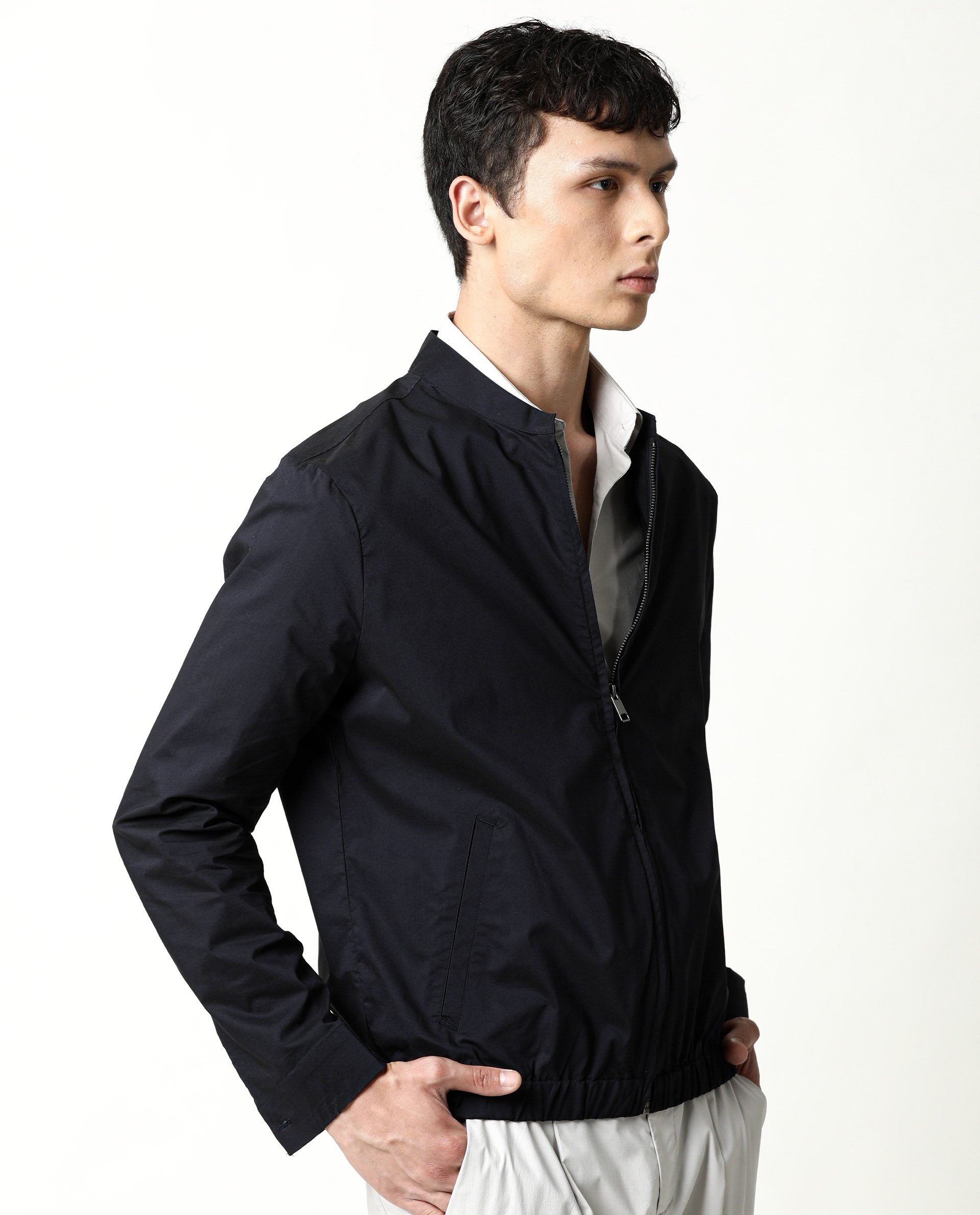 Rare Rabbit Men's Saka Navy Plain Mandarin Collar Jacket