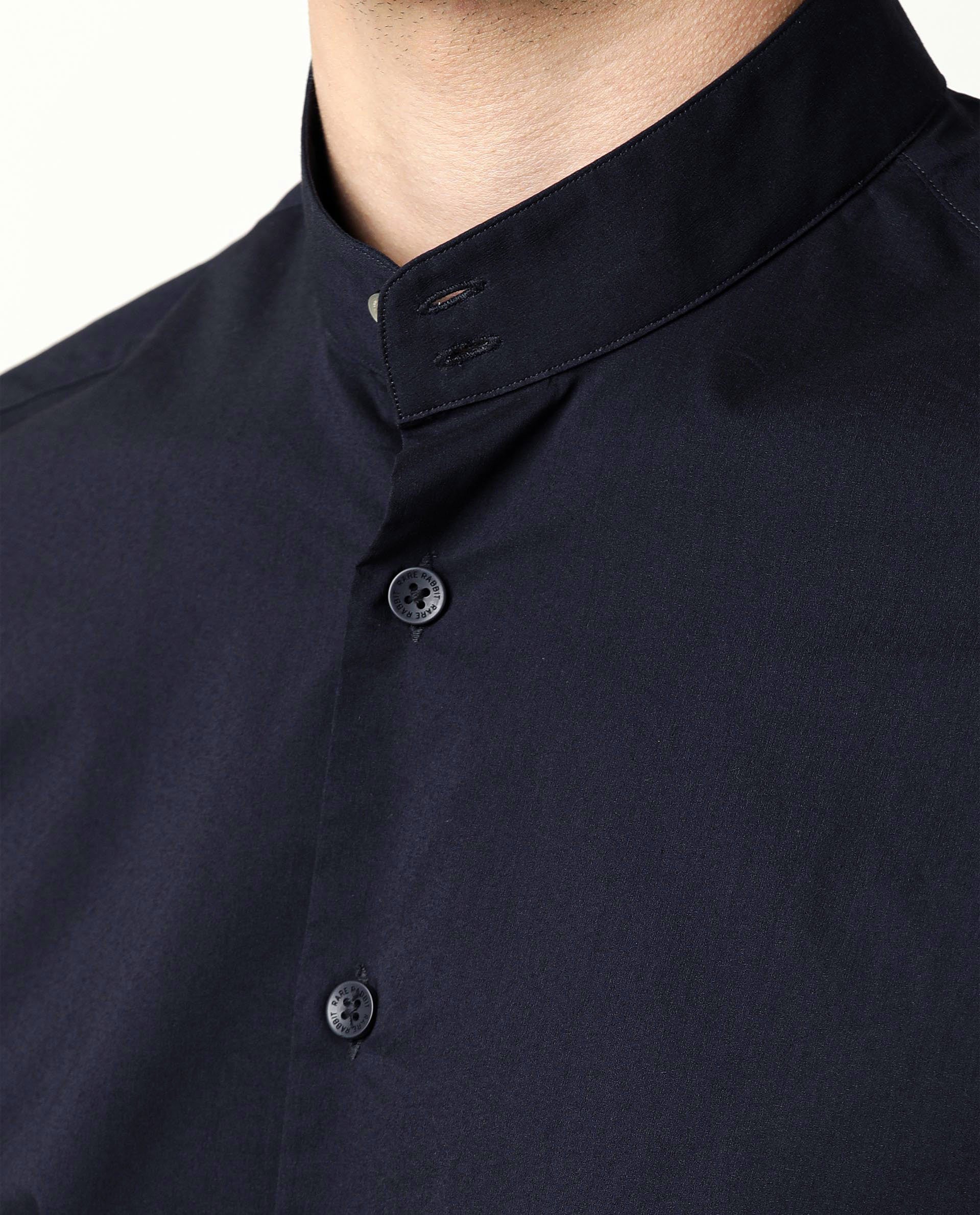 Rare Rabbit Men's Shiro Navy Poplin High Neck Mandarin Collar Half Sleeves Solid Shirt