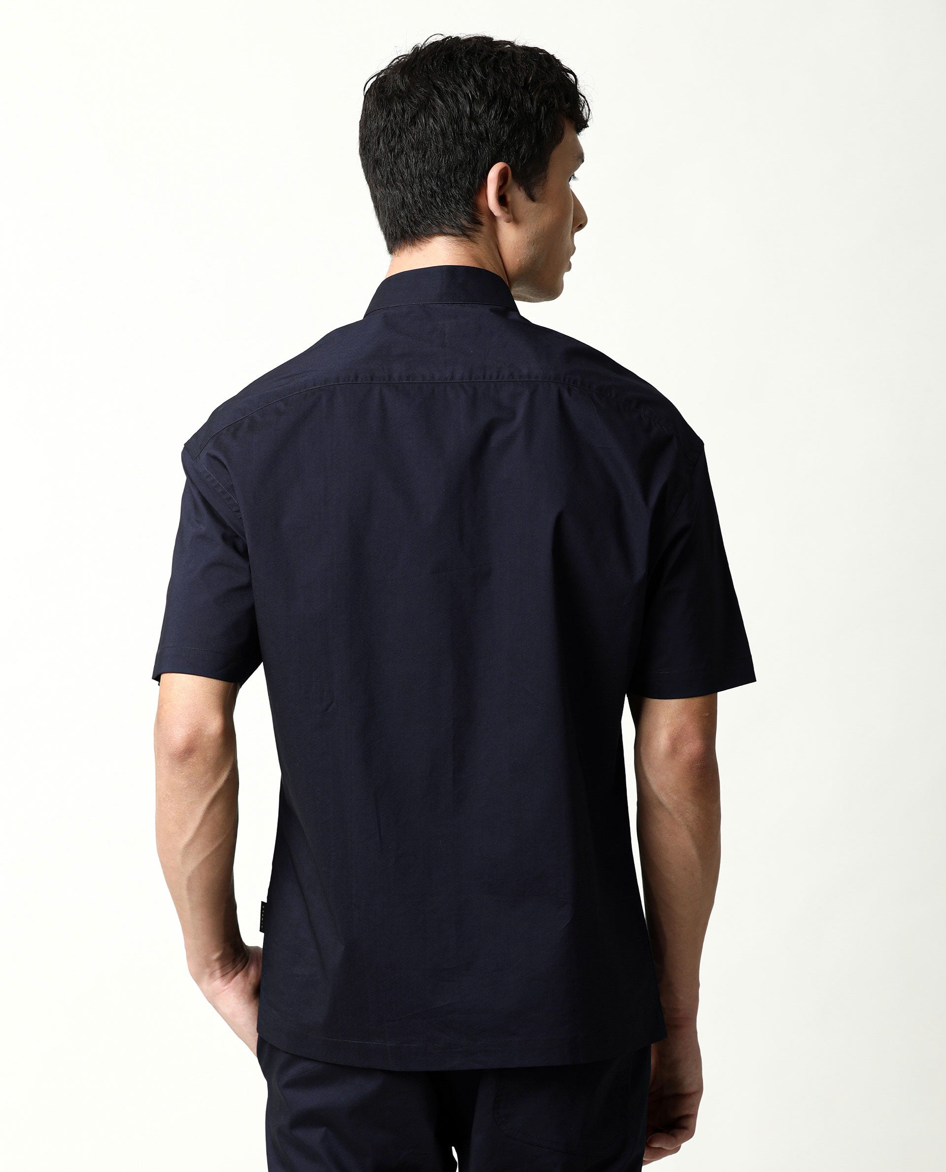 Rare Rabbit Men's Shiro Navy Poplin High Neck Mandarin Collar Half Sleeves Solid Shirt