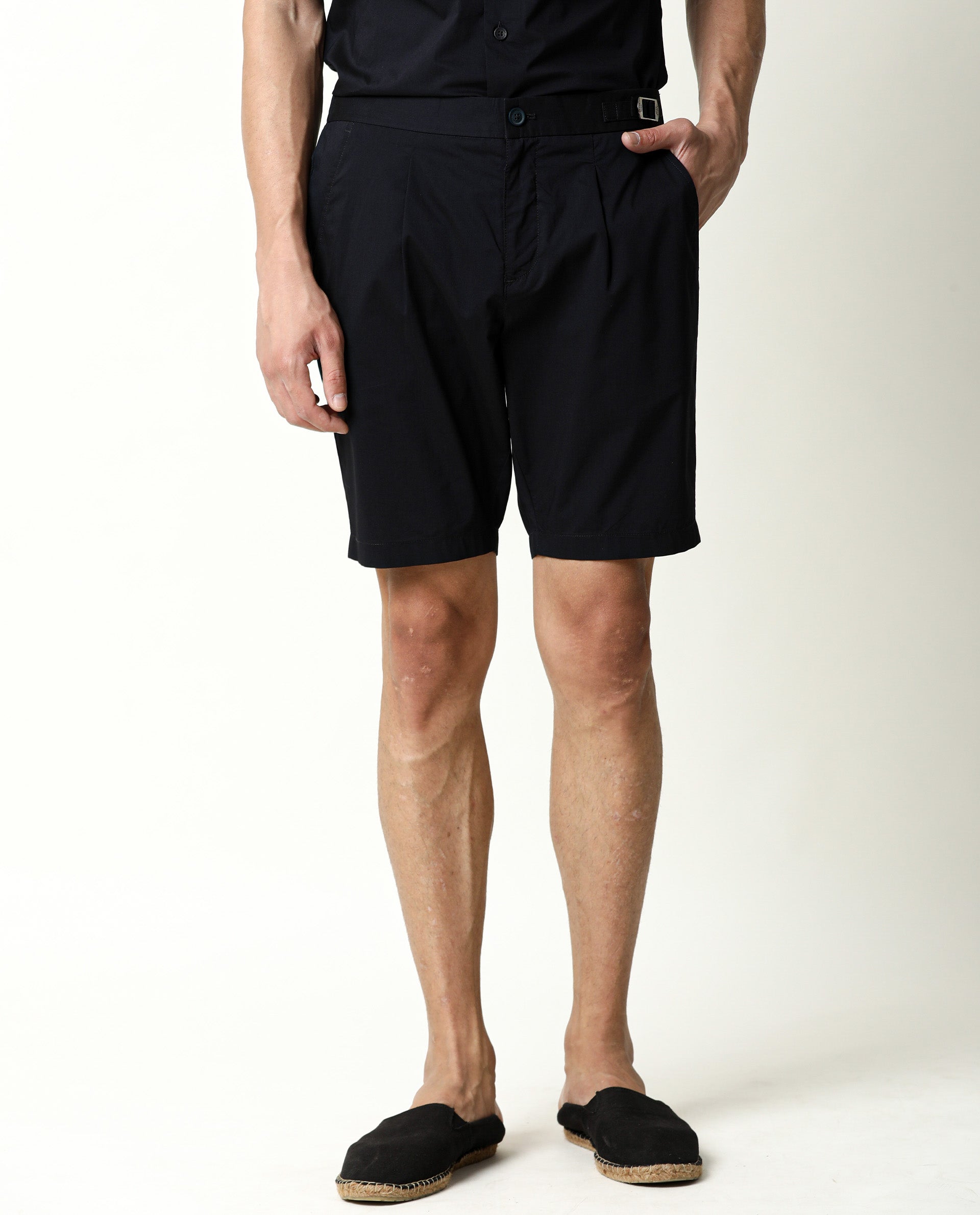 Rare Rabbit Men's Osaka Navy Slim Fit Mid Rise Waist Button & Zip Closure Shorts