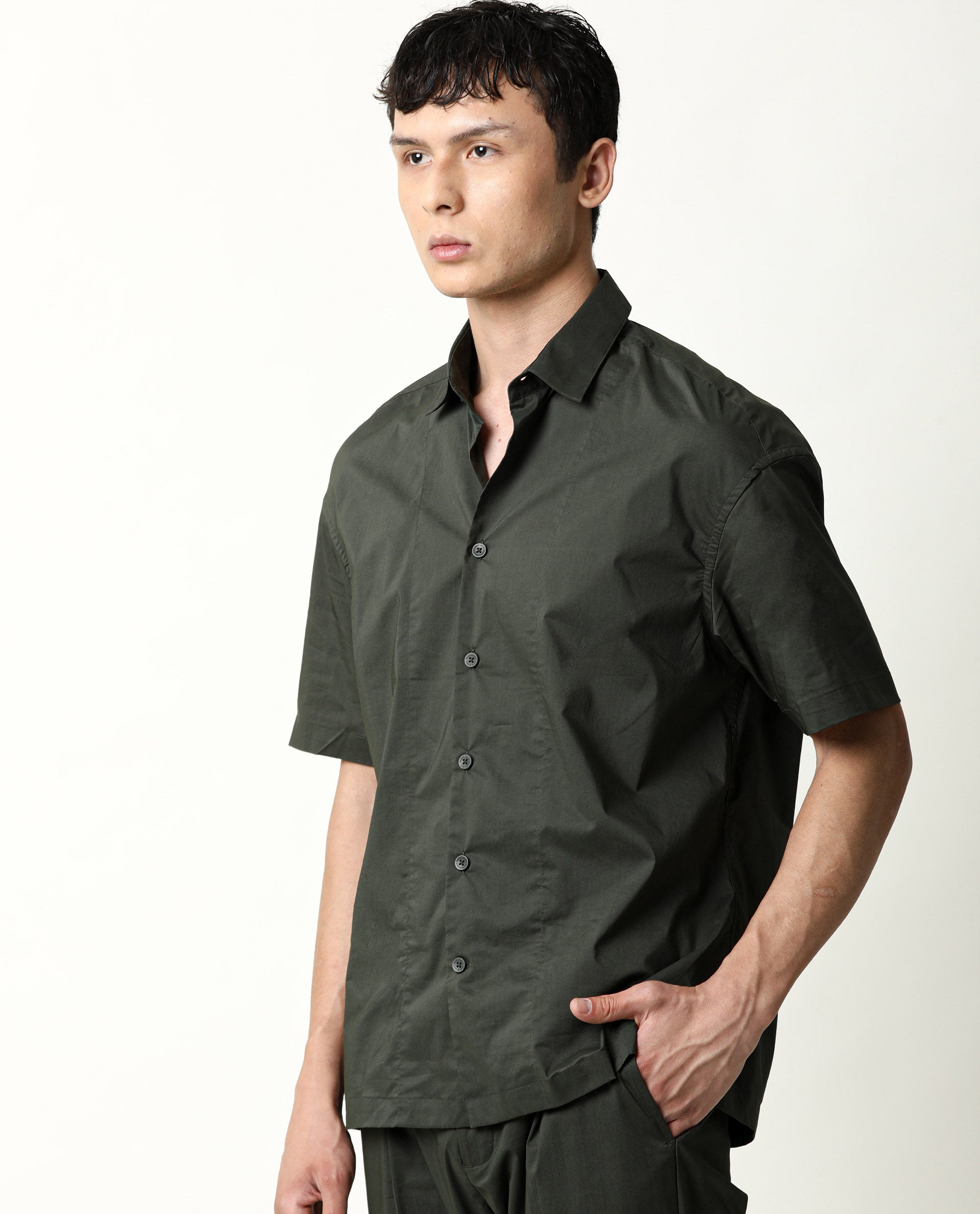 Rare Rabbit Men's Shibuya Olive Polycotton Fabric Half Sleeves Shirt