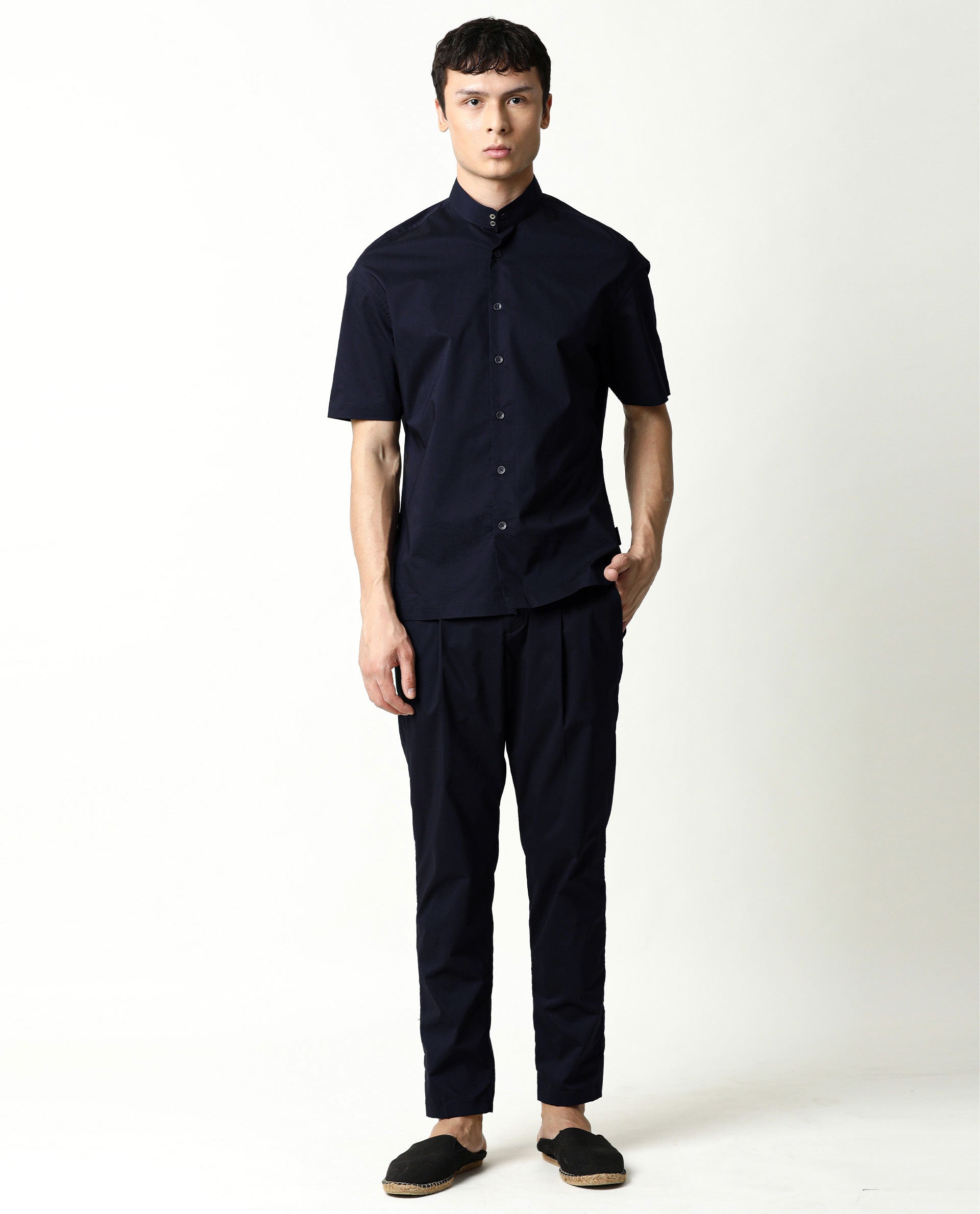 Rare Rabbit Men's Shiro Navy Poplin High Neck Mandarin Collar Half Sleeves Solid Shirt